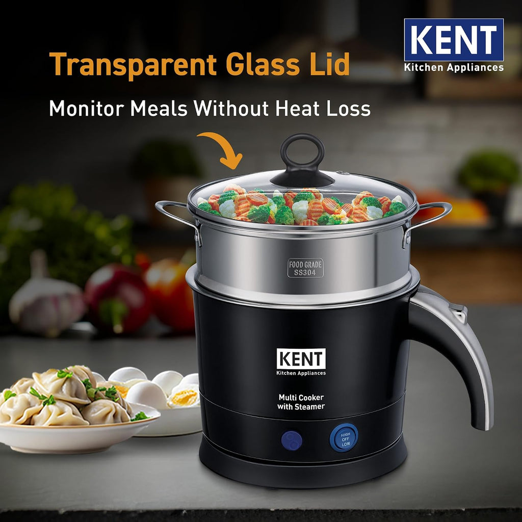 KENT Electric Multicooker/Kettle with Steamer 1.2L 800W | Boiling of Water, Tea,Eggs, Instant Noodle Maker, Steaming idlis, Momos & Vegetables | Inner Stainless Steel & Cool Touch Outer Body | Black