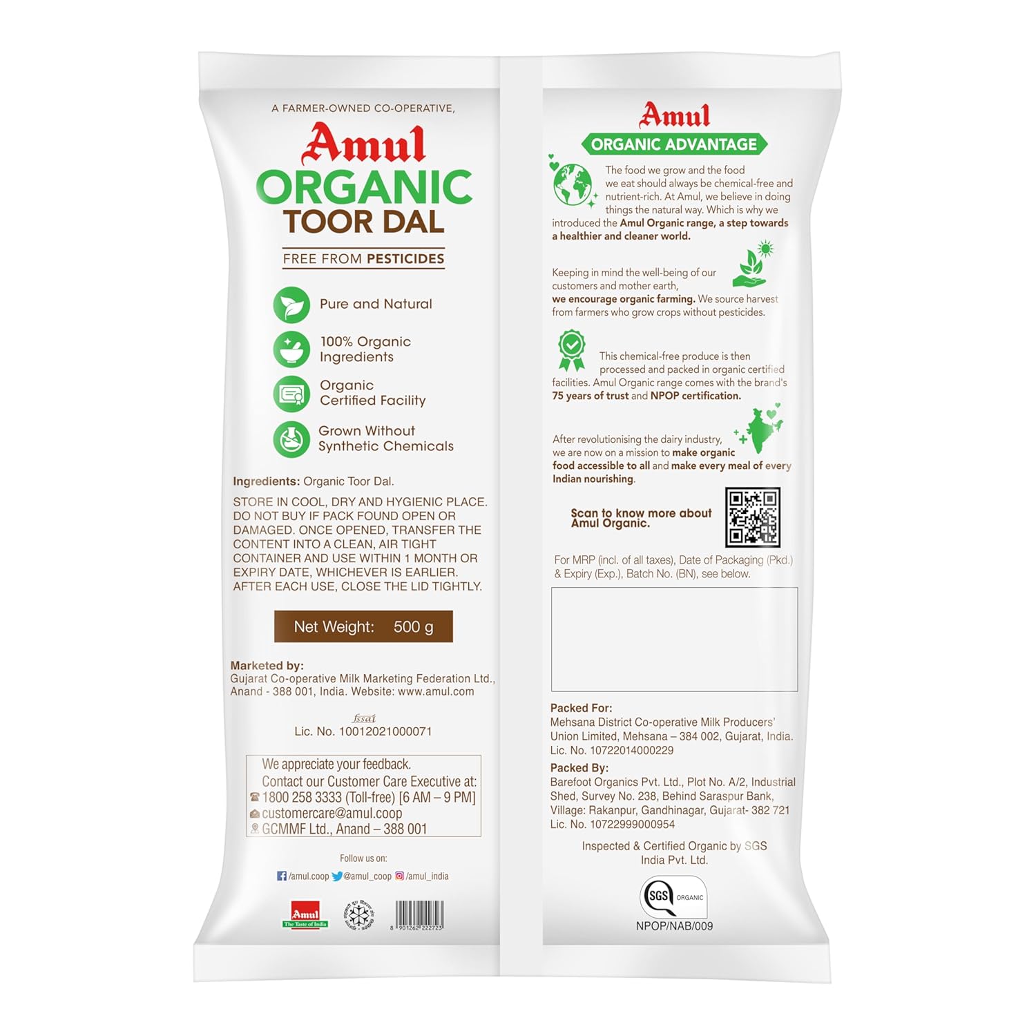 Amul Organic Toor Dal Bag, 500 g