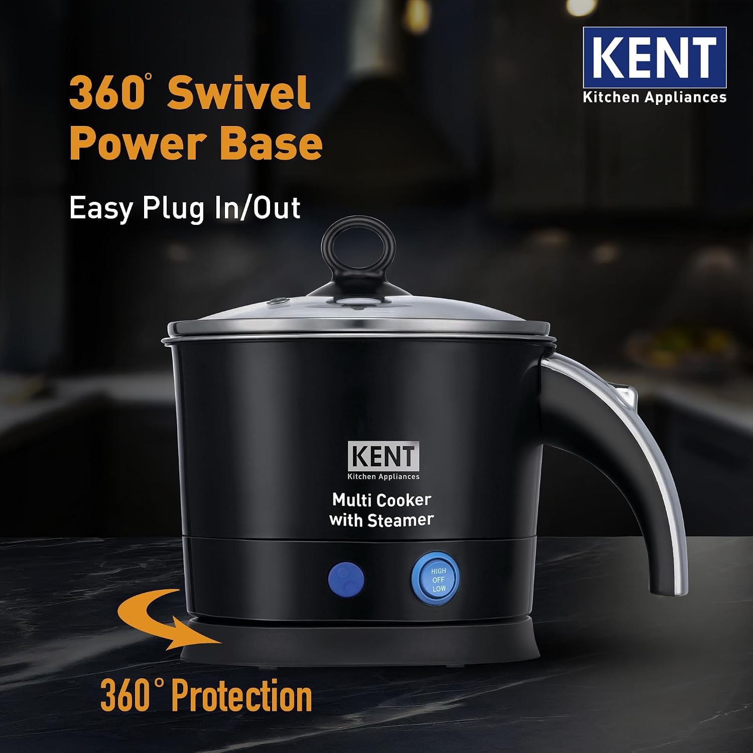 KENT Electric Multicooker/Kettle with Steamer 1.2L 800W | Boiling of Water, Tea,Eggs, Instant Noodle Maker, Steaming idlis, Momos & Vegetables | Inner Stainless Steel & Cool Touch Outer Body | Black
