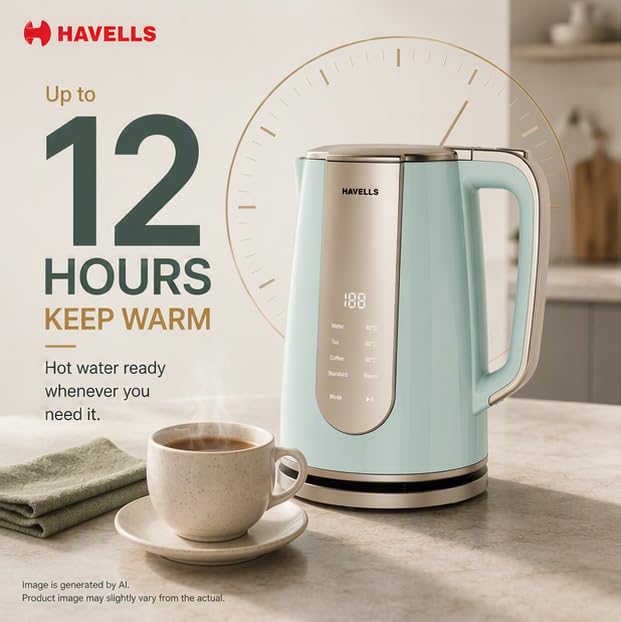 Havells CRAFT Kettle | OptiHeat Tech for Custom Temperature Setting | Real Time Temperature Display |12 Hour Keep Warm Function | Strix Controller for 5x Lifespan | 3x Safety Protection (Blue & Gold)