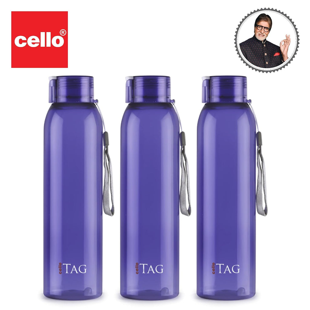 CELLO My Tag PET Water Bottle | 100% food grade | Leak proof and Break proof | Set of 3-1000ml | Violet