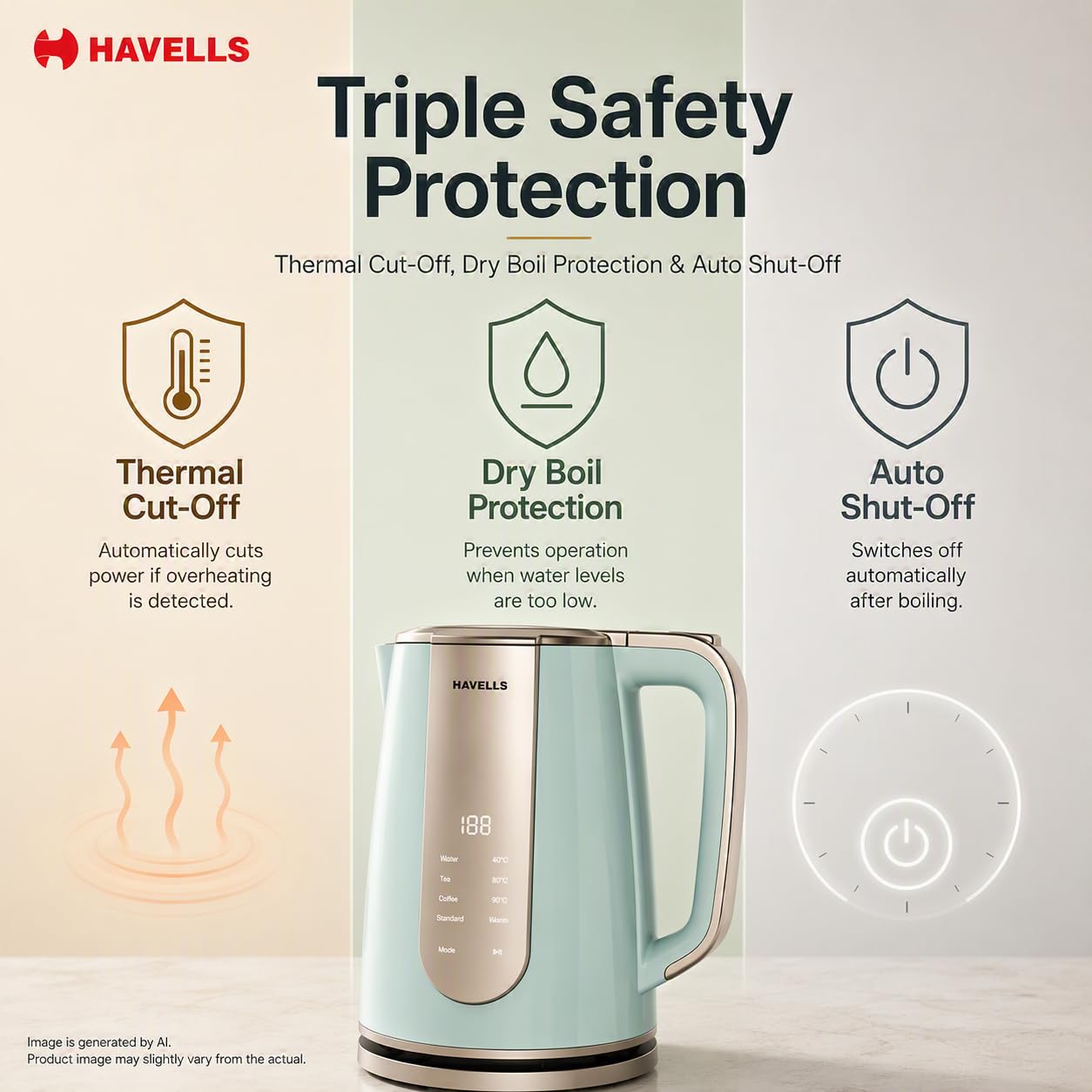Havells CRAFT Kettle | OptiHeat Tech for Custom Temperature Setting | Real Time Temperature Display |12 Hour Keep Warm Function | Strix Controller for 5x Lifespan | 3x Safety Protection (Blue & Gold)