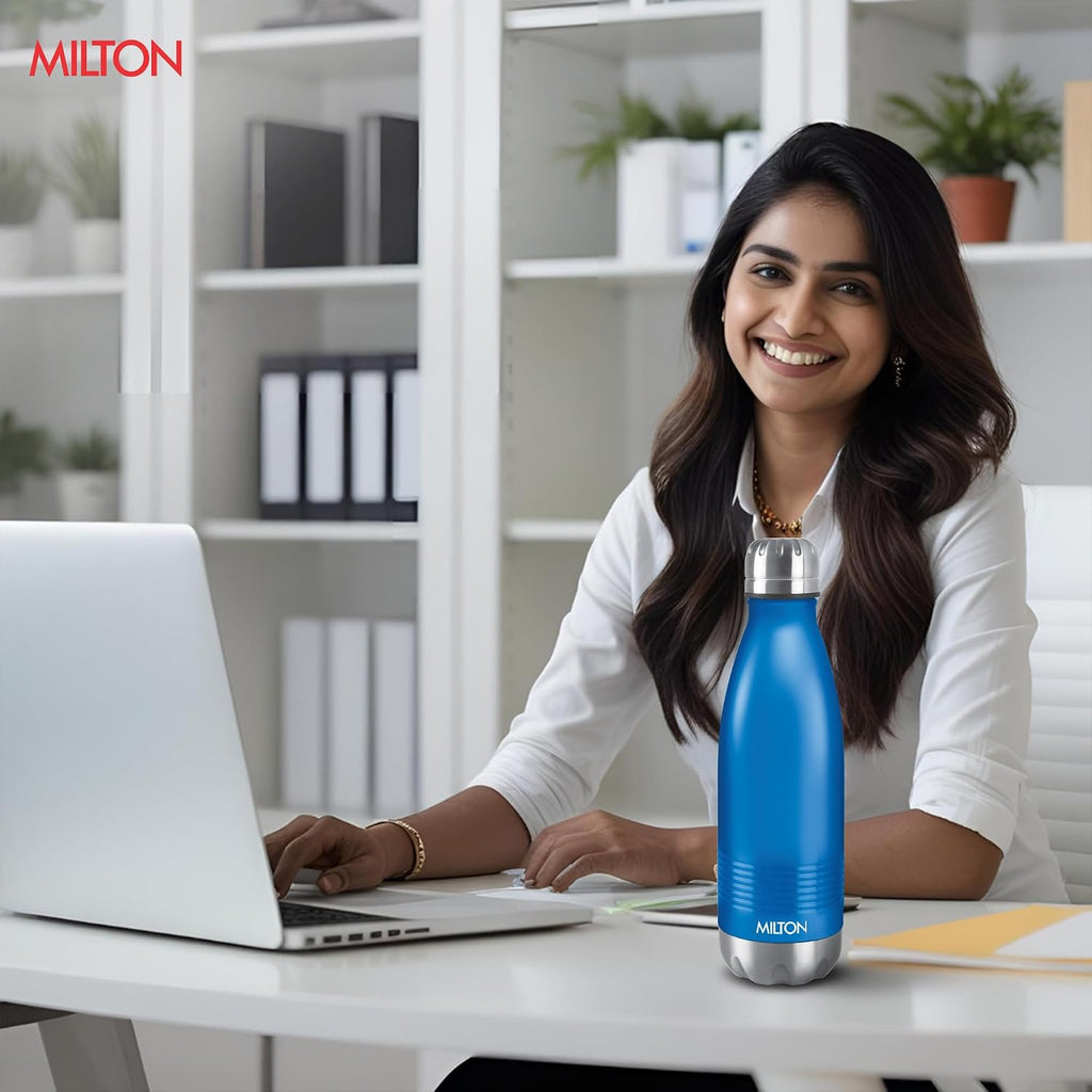 Milton Duo DLX 750 Thermosteel 700 ml Water Bottle, 24 Hr Hot and Cold I Leak Proof Lid, ISI Certified I Vacuum Insulated I for Office, Gym, School I Matt Blue