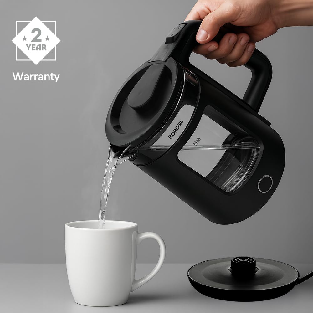 Borosil 1380 W Cooltouch 1.5L Electric Glass Kettle | Borosilicate Glass Body with Blue LED | Cool Touch Exterior | Auto Shut Off | 360° Base | 2 Year Warranty