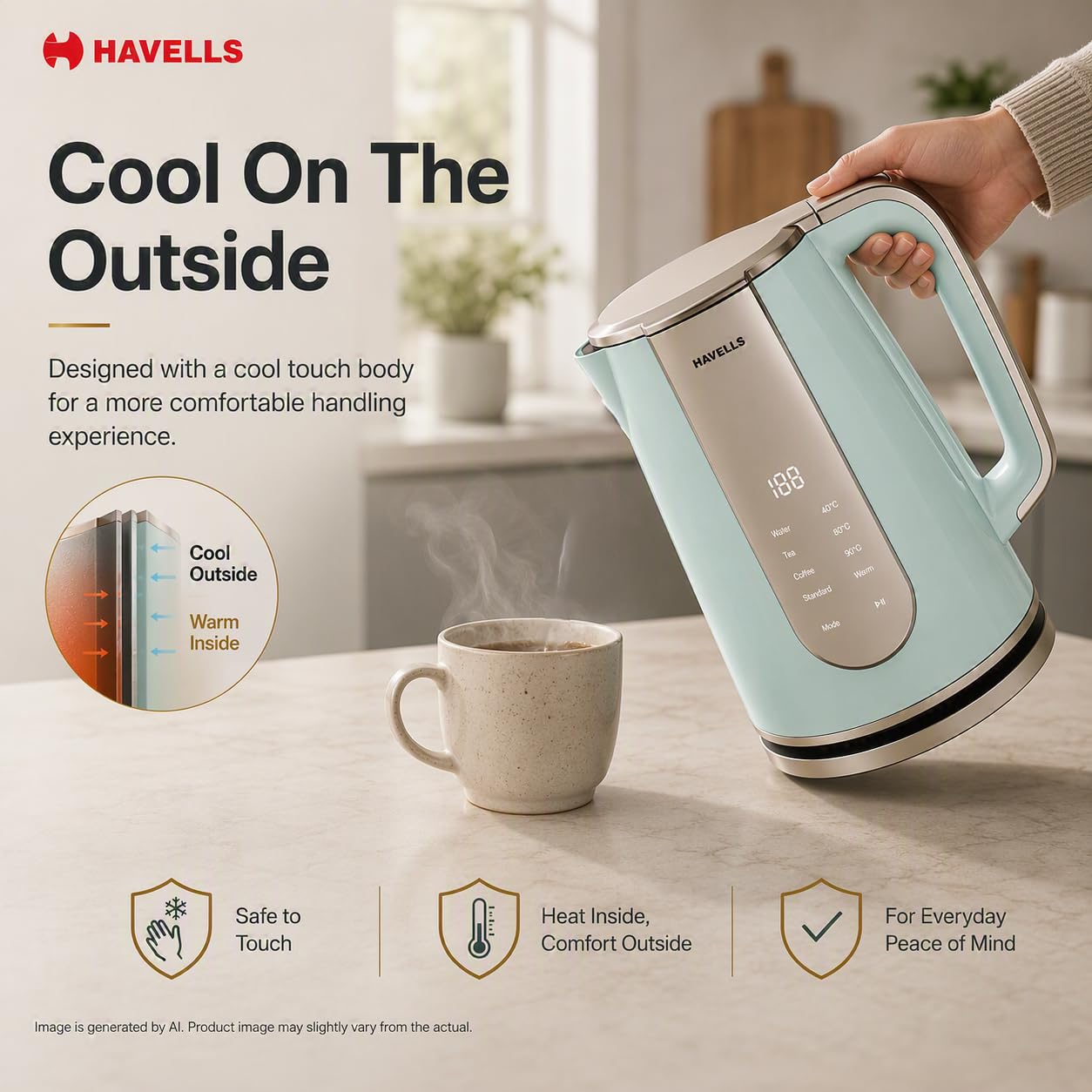 Havells CRAFT Kettle | OptiHeat Tech for Custom Temperature Setting | Real Time Temperature Display |12 Hour Keep Warm Function | Strix Controller for 5x Lifespan | 3x Safety Protection (Blue & Gold)