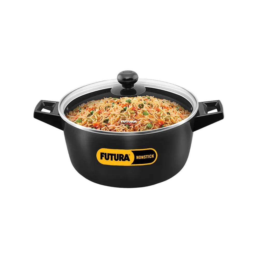 Hawkins Futura 4 Litre Cook N Serve Bowl, Non Stick Saucepan with Glass Lid, Sauce Pan for Cooking and Serving, Black (Ncb40G), 4 Liter