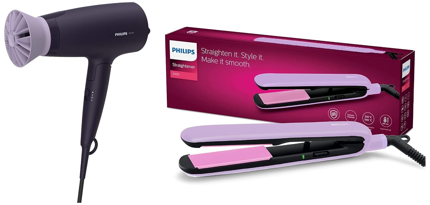 Philips Hair Dryer BHD318/00 1600 Watts Thermoprotect AirFlower Advanced Ionic Care 3 Heat & Speed Settings to Give Frizz Free Shiny Hair-Purple & BHS393/40 Straightener with SilkProtect Technology