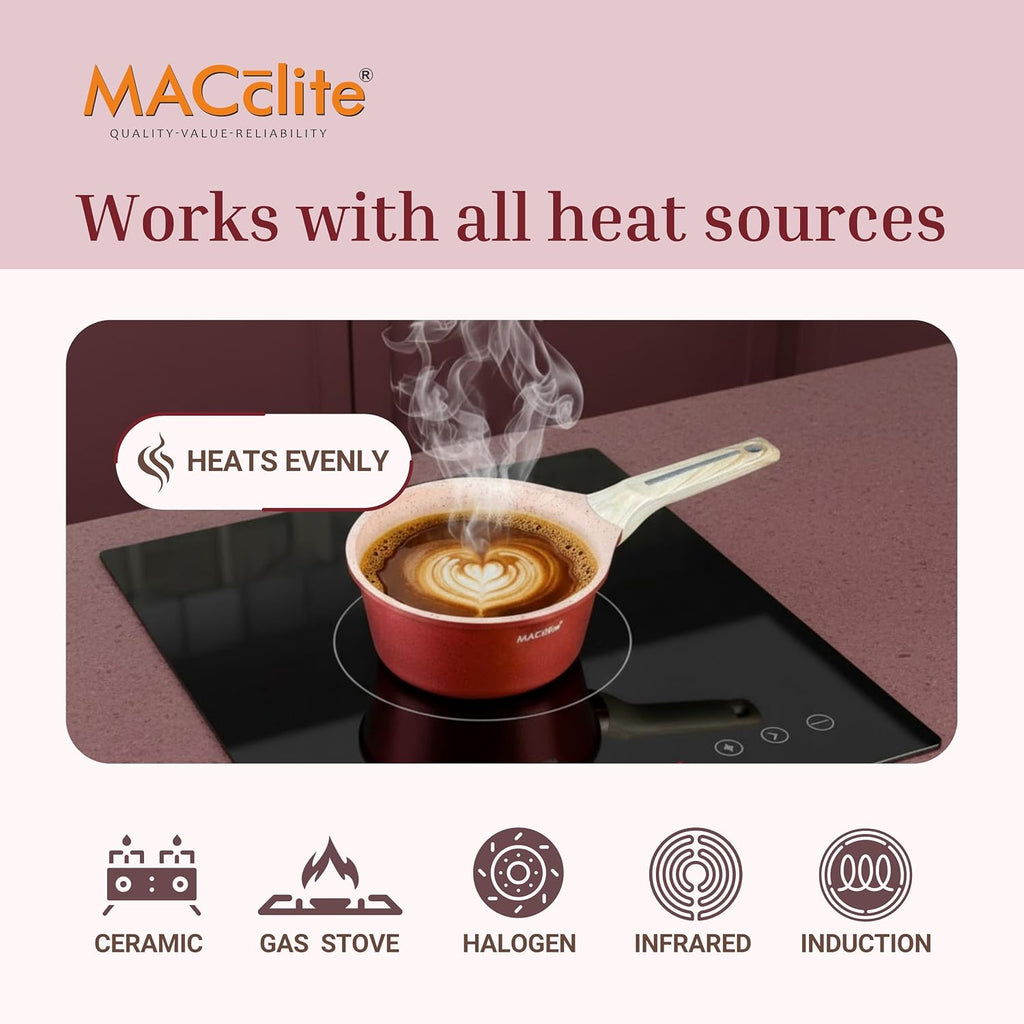 MACclite Butter Scotch Die Cast Non Stick Sauce Pan 18 cm Dia 2.0 Liter,Tea,Milk,Maggie Nonstick Sauce Pan with 5 Layer Coating,Gas & Induction Stove Friendly,Dishwasher Safe