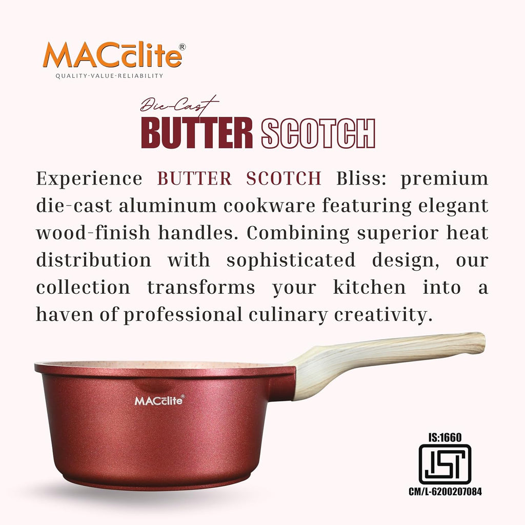 MACclite Butter Scotch Die Cast Non Stick Sauce Pan 18 cm Dia 2.0 Liter,Tea,Milk,Maggie Nonstick Sauce Pan with 5 Layer Coating,Gas & Induction Stove Friendly,Dishwasher Safe