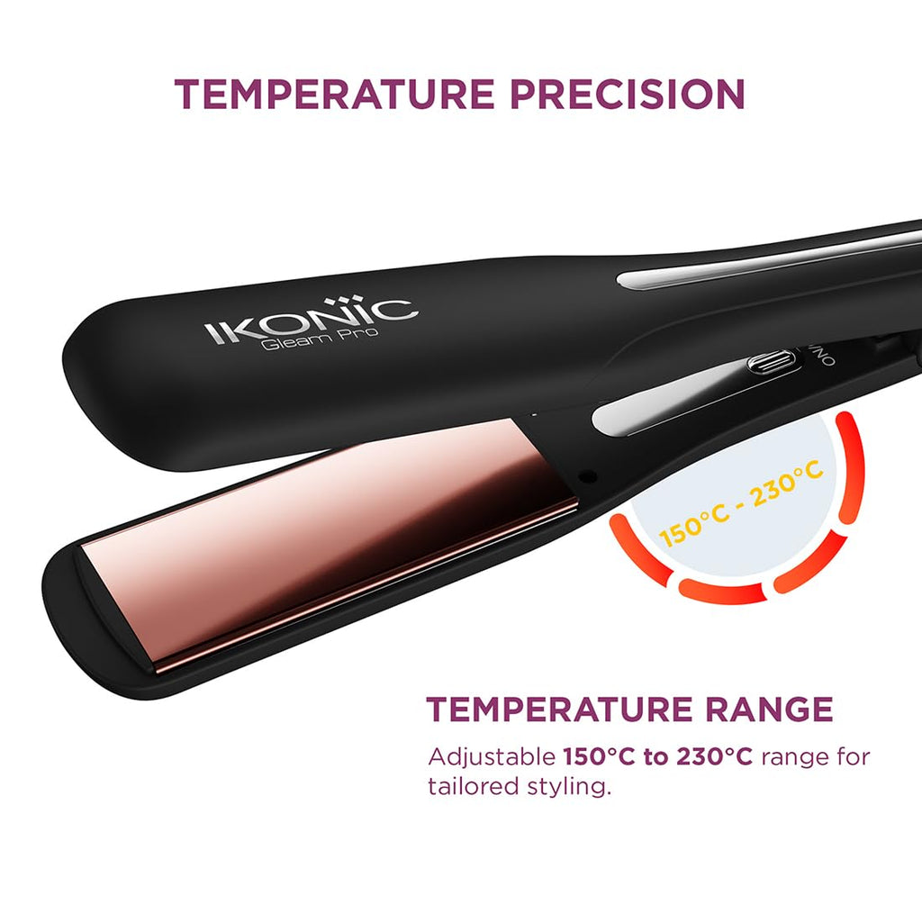 Ikonic Professional Gleam Pro Hair Straightener For Women, 1.5 Inch Titanium Rose Gold Floating Plates,Digital Temperature Control 150°C-230°C , Instant Heat-Up , Auto Shut-Off Safety, Professional Salon Hair Styling Tool, Black