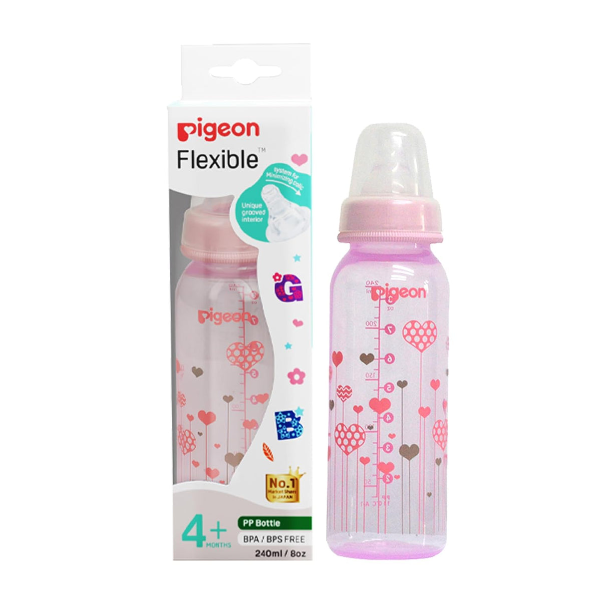 Pigeon Peristaltic Pink Abstract Nursing Bottle Japan's No.1 Brand | Baby Feeding Bottle | Natural Feeding Bottle for Babies | BPA Free Milk Bottle | Clear Baby Bottle 240 ml