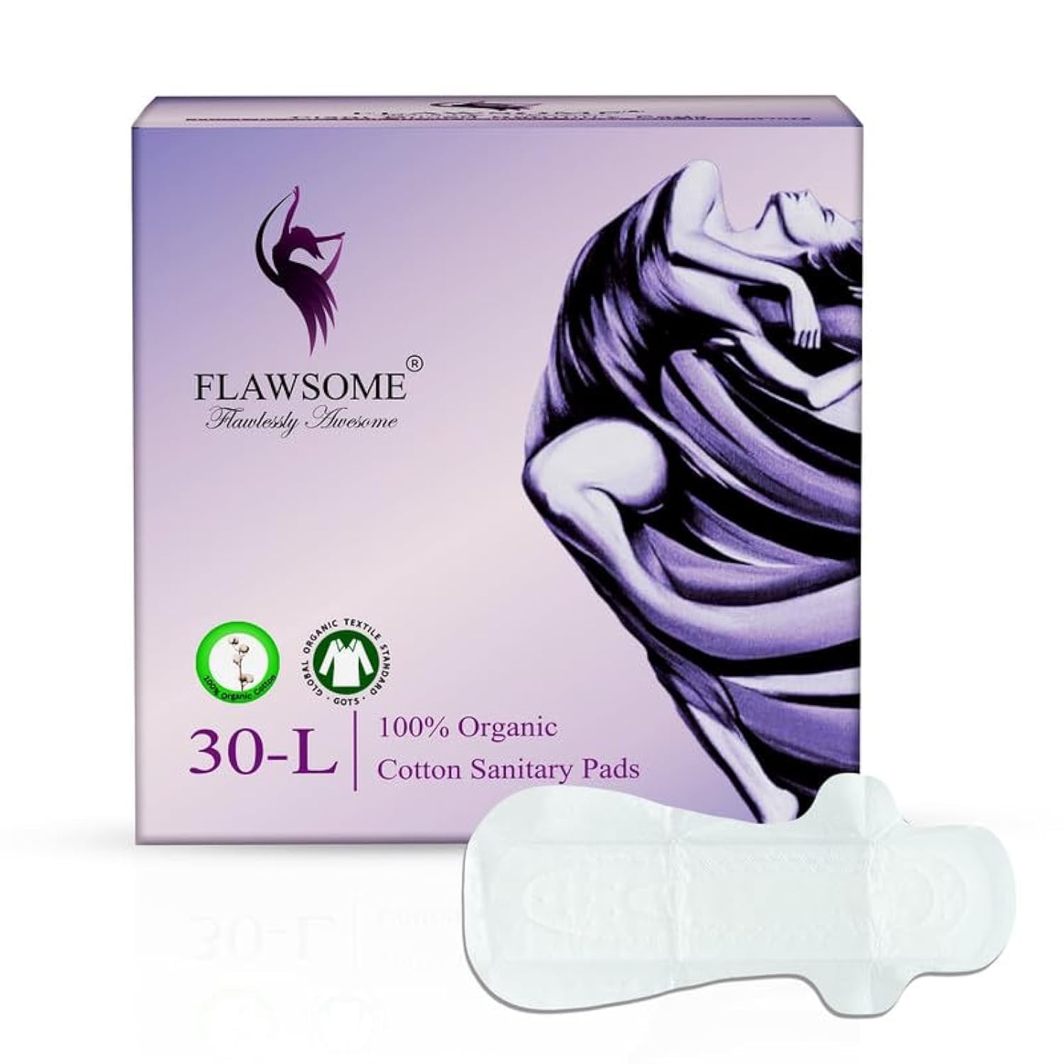Flawsome L Size Sanitary Pads for Girls and Women | Rash Free Pad | Ultra Soft Pads | 100% Organic Cotton (L, Pack of 30)