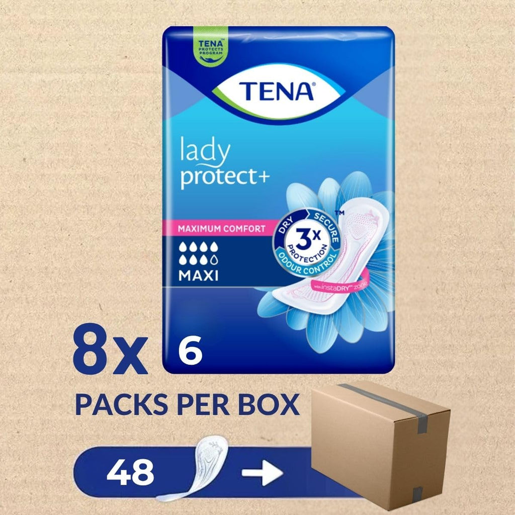 TENA Lady Protect+ Maxi Pad Style | Incontinence Lady Pads | Upto 12 Hrs Dryness | Triple Protection from leaks,odour and moisture | Dermatologically Tested |Length 37.7 cm | 6 Units × 8 | 48 Units