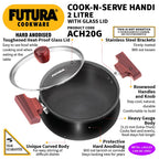 Hawkins Futura 2 Litre Cook n Serve Handi, Hard Anodised Biryani Handi with Glass Lid, Saucepan, Sauce Pan, Black (ACH20G) |Non-Stick