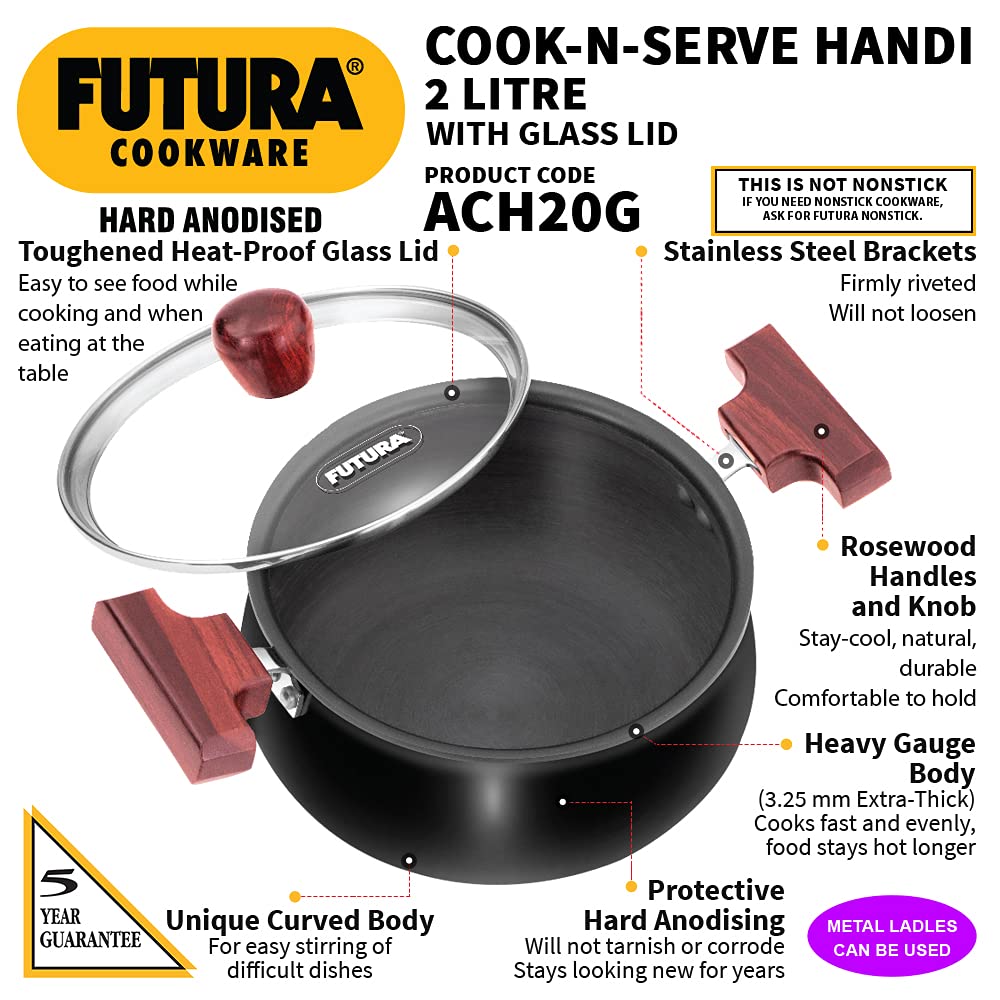 Hawkins Futura 2 Litre Cook n Serve Handi, Hard Anodised Biryani Handi with Glass Lid, Saucepan, Sauce Pan, Black (ACH20G) |Non-Stick