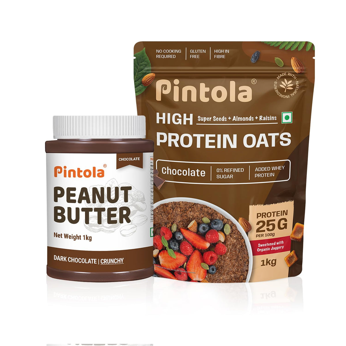 Pintola Indulgent Protein Combo: Chocolate Crunchy Peanut Butter 1kg & 22g High Protein Dark Chocolate Oats 1kg | No Refined Sugar, Gluten-Free | With Almonds, Raisins, Pumpkin & Chia Seeds | 8g Fibre