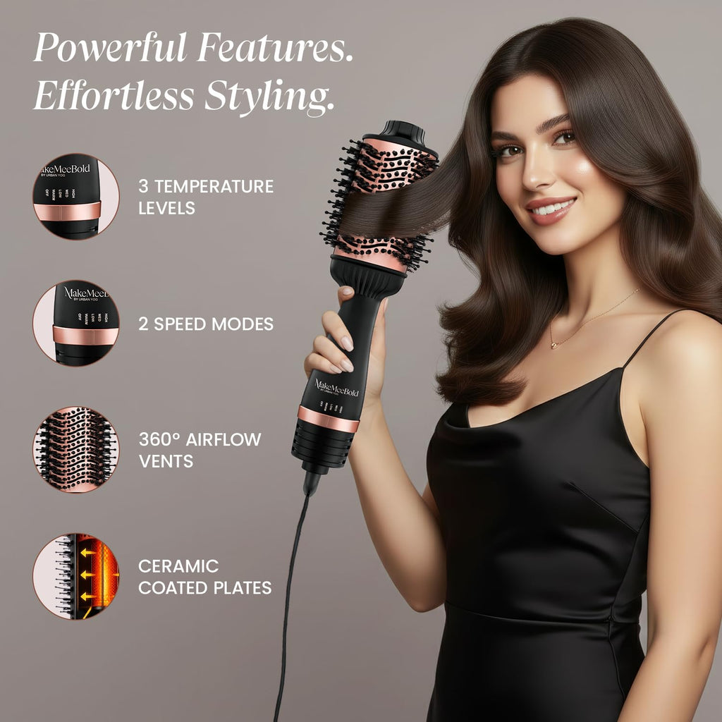 Urban Yog MakeMeeBold Hot Air Brush & Automatic Hair Curler | 2-in-1 Hair Dryer & Straightener Brush with 3 Temp, 2 Speed Settings, 360° Airflow