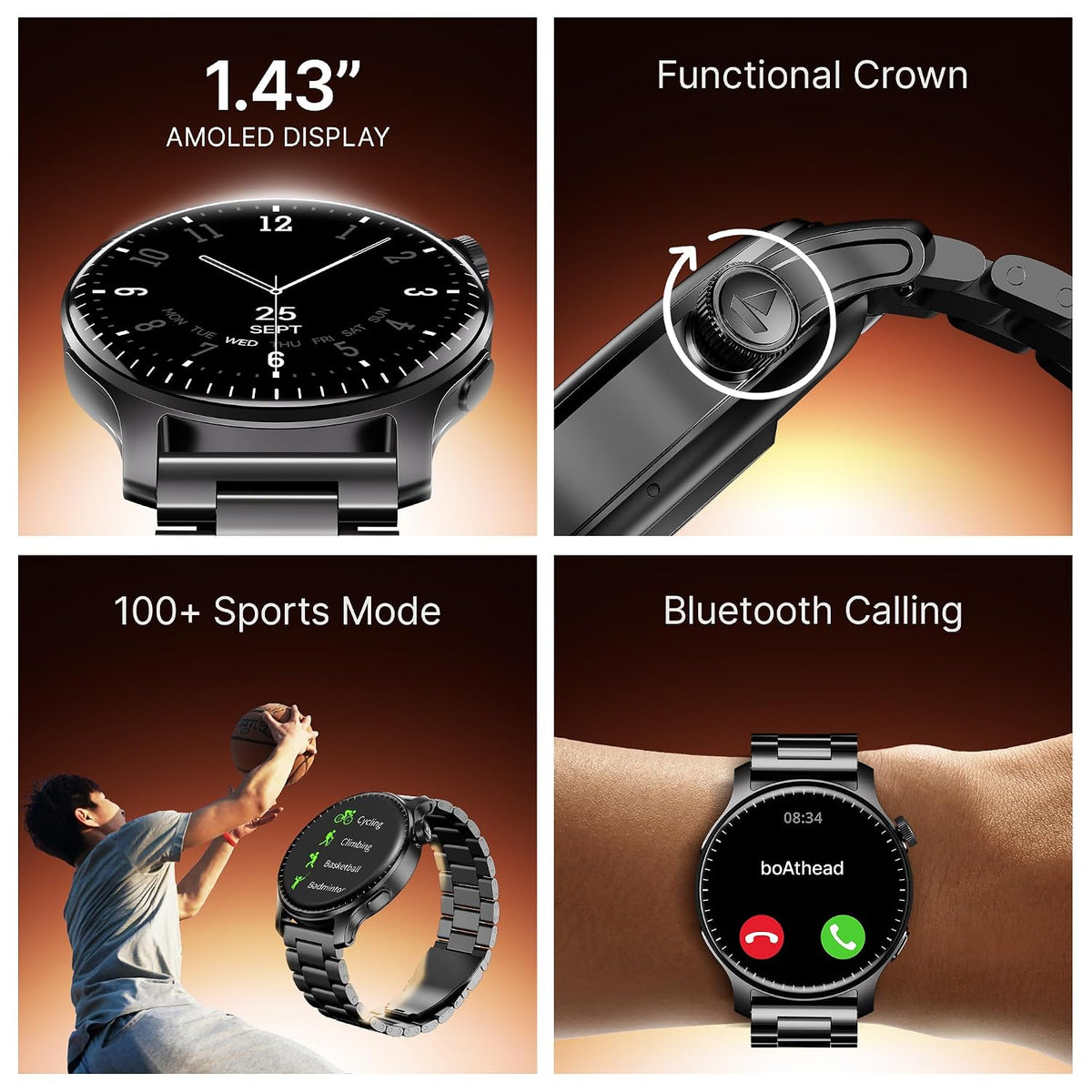 boAt Ultima Prime smartwatch with 1.43” AMOLED Display, AOD, Personalized Fitness Nudges, Functional Crown,100+ Sports Modes, Create Your Own Watchface, smartwatch for man and Woman (Steel Black)