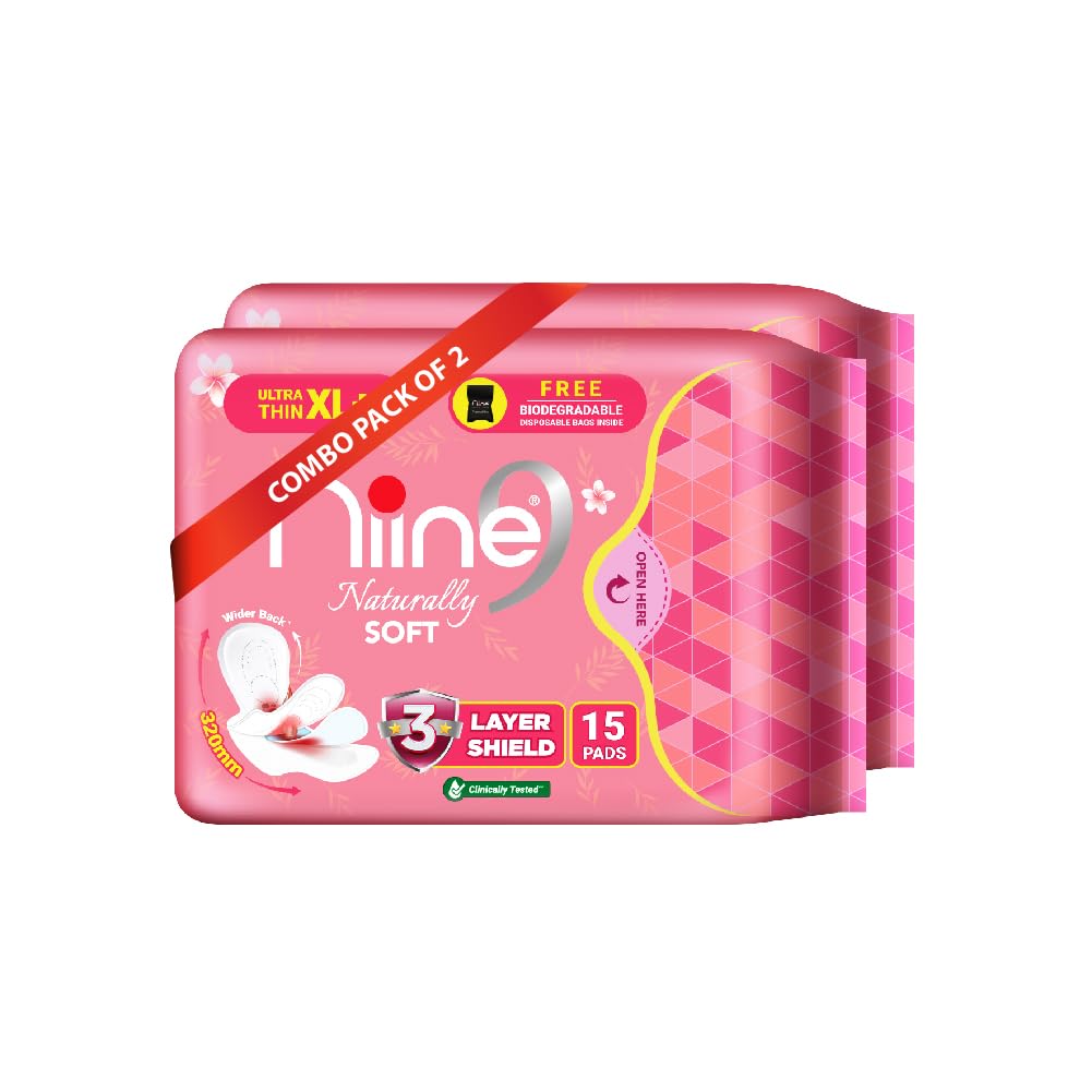 NIINE Naturally Soft Ultra Thin XL+ Sanitary Napkins for Heavy Flow (Pack of 2) 30 Pads with Free Biodegradable Disposal Bags