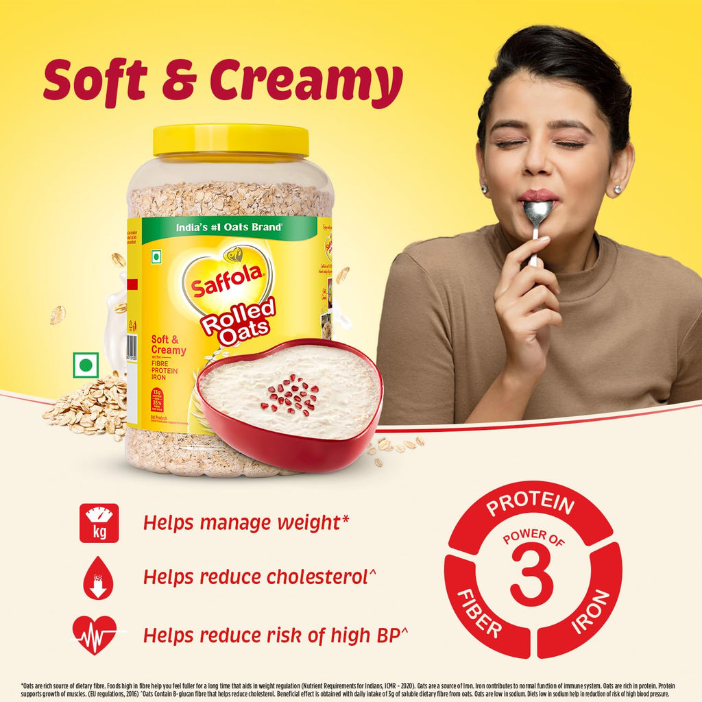 Saffola Rolled Oats Jar 1kg – 13g High Protein, 10g High Fibre | Jumbo Oats | Soft and Creamy | Helps manage weight