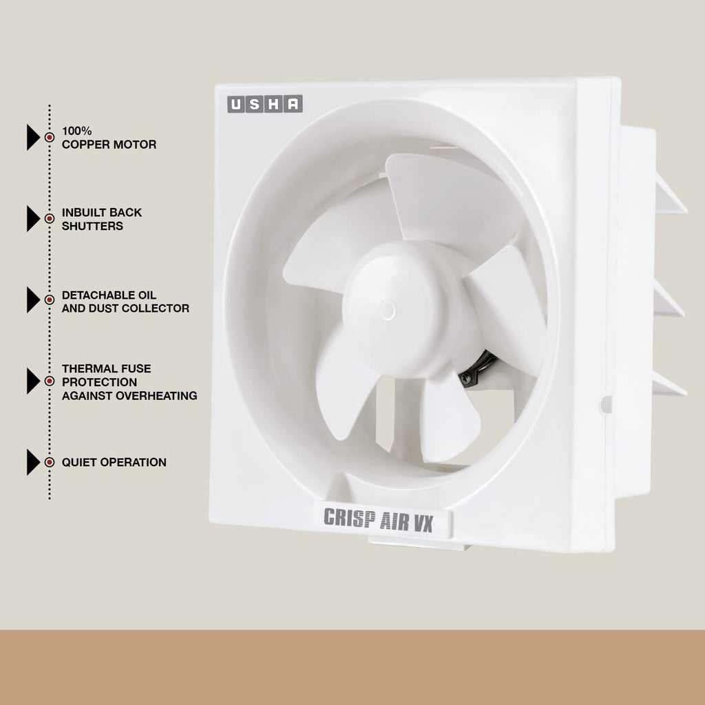 USHA Crisp Air VX 200mm (10-Inch) Exhaust Fan for Bathroom | 100% Copper Motor | Inbuilt Back Shutters |Detachable Oil & Dust Collector | Thermal Fuse Protection | Quiet Operation | White