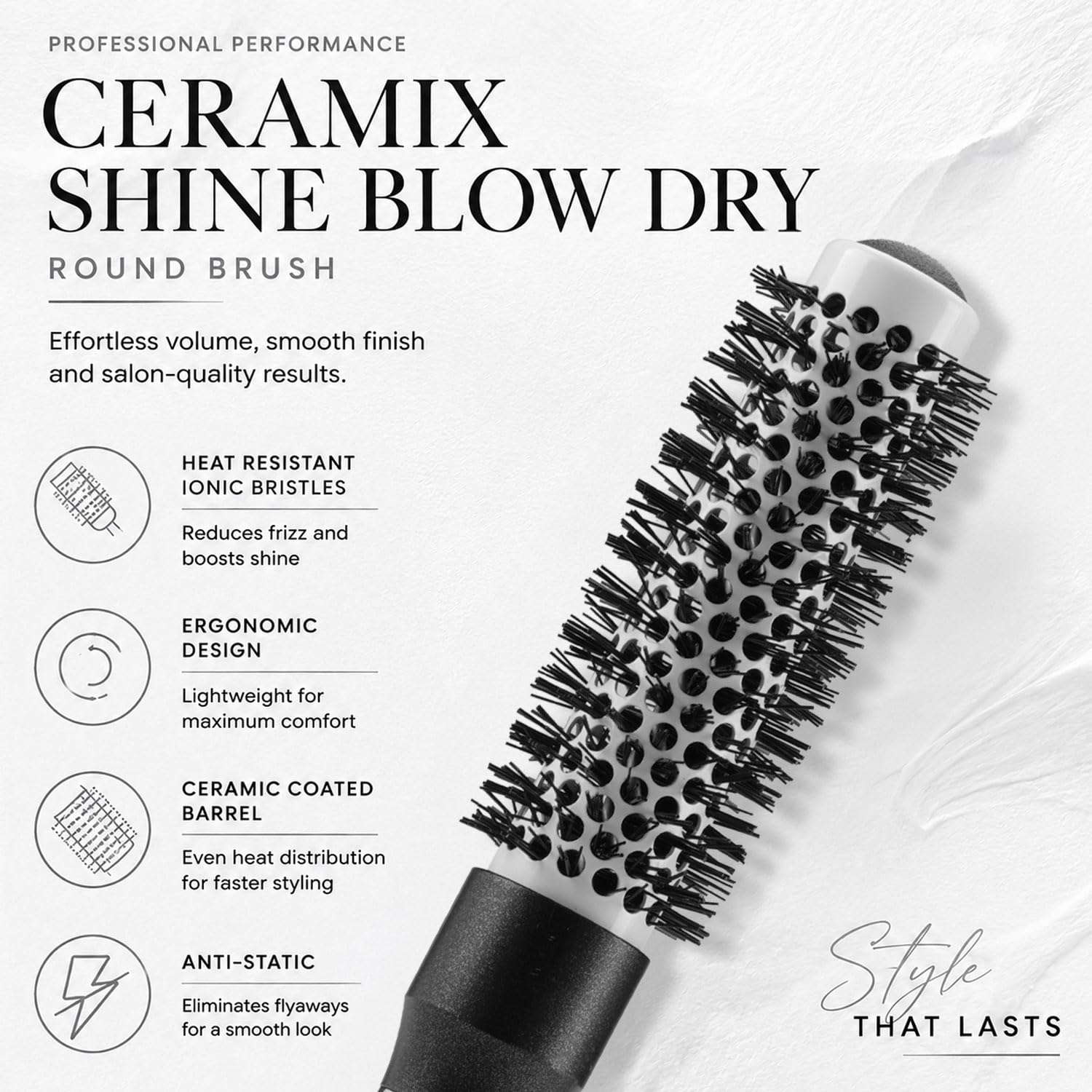 VEGA PROFESSIONAL Ceramix Shine Blow Dry Round Hair Brush 25mm | Hair Styling & Blow Dry Brush for Men & Women | Smooth Ceramic Bristles for Salon & Home Use | Anti-Static Hair Brush (VPPHB-01)