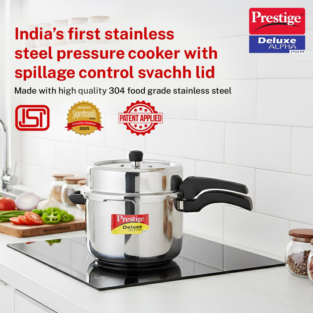 Prestige 8 Litre Stainless Steel Deluxe Alpha Svachh Outerlid Pressure Cooker |Deep lid for spillage control|10 years warranty|Gas & Induction compatible|Gasket release system|ISI Certified
