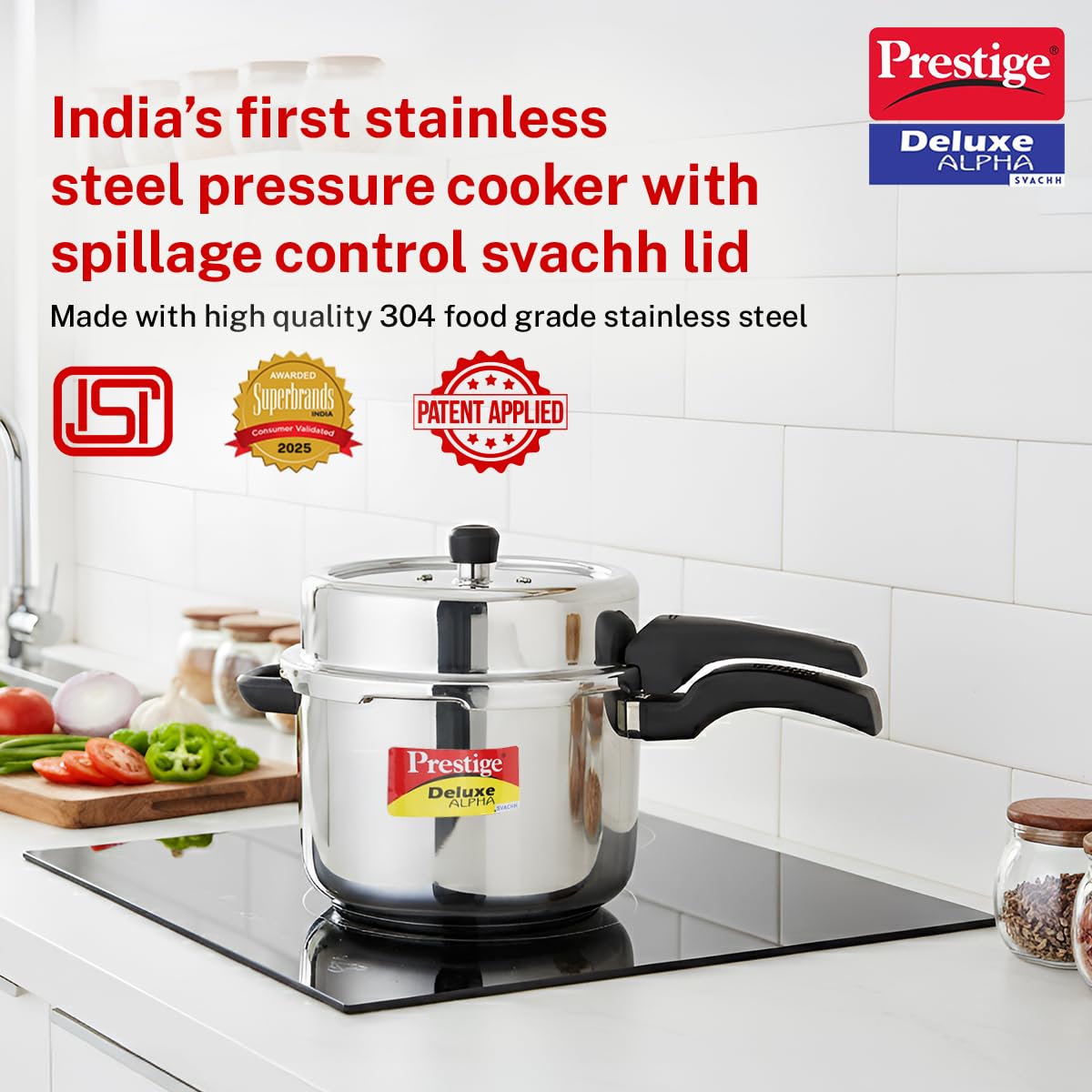 Prestige 8 Litre Stainless Steel Deluxe Alpha Svachh Outerlid Pressure Cooker |Deep lid for spillage control|10 years warranty|Gas & Induction compatible|Gasket release system|ISI Certified