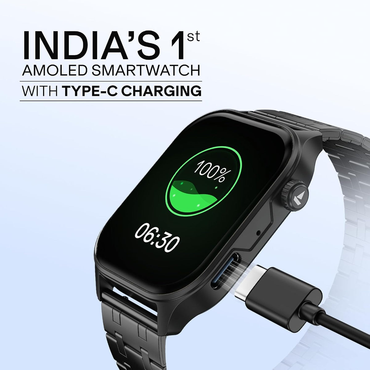 boAt New Launch Ultima Vogue 2, India's First AMOLED Type-C Smartwatch, 1.96" Display, 1000 nits Brightness, Metal Body w/Premium Straps, 10-Days Battery Life, Smartwatch for Men & Women (Steel Black)