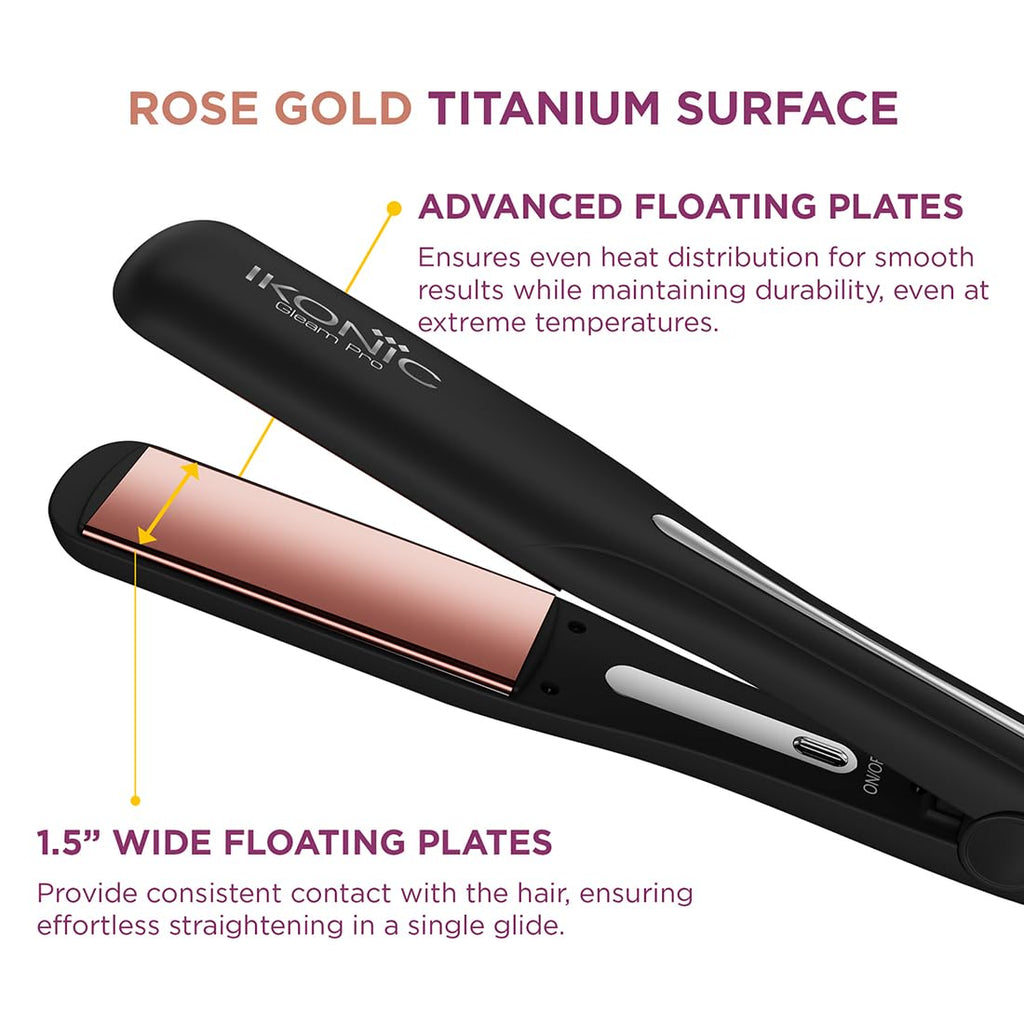 Ikonic Professional Gleam Pro Hair Straightener For Women, 1.5 Inch Titanium Rose Gold Floating Plates,Digital Temperature Control 150°C-230°C , Instant Heat-Up , Auto Shut-Off Safety, Professional Salon Hair Styling Tool, Black