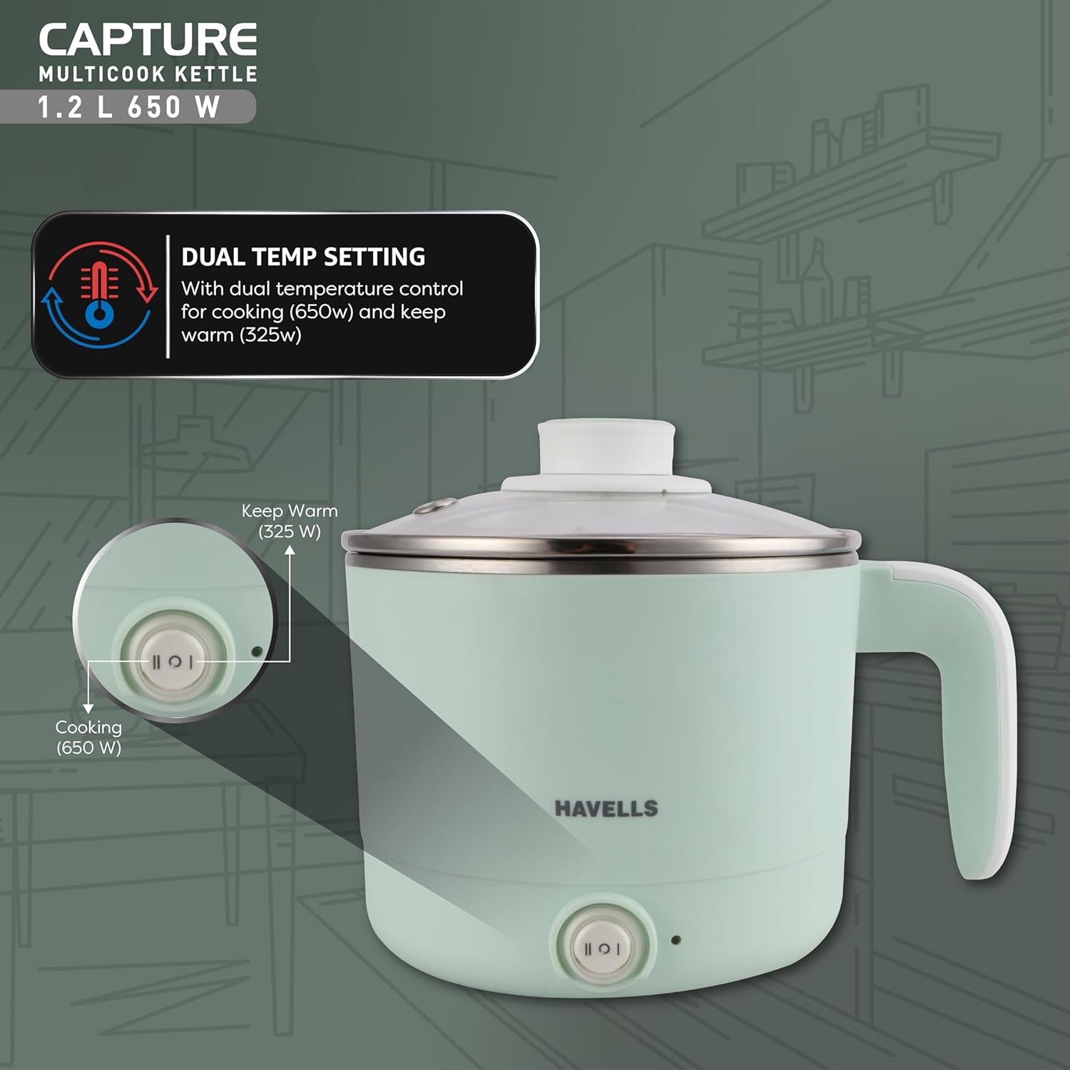 Havells Capture 1.2 L Multi-Cook Electric Kettle with Steamer | 650W |304 Stainless Steel Inner Body|Cooks Noodles, Rice, Milk