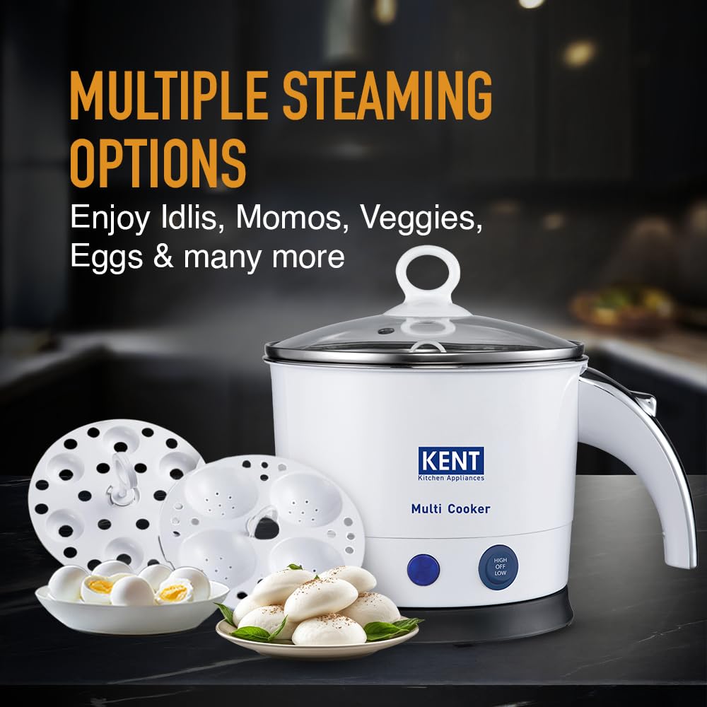 KENT Electric Multicooker Cum Steamer/Kettle 1.2L 800W| Boiling of Water, Tea,Eggs, Instant Noodle Maker, Steaming idlis, Momos |Inner Stainless Steel without joint and welding & Cool Touch Outer Body