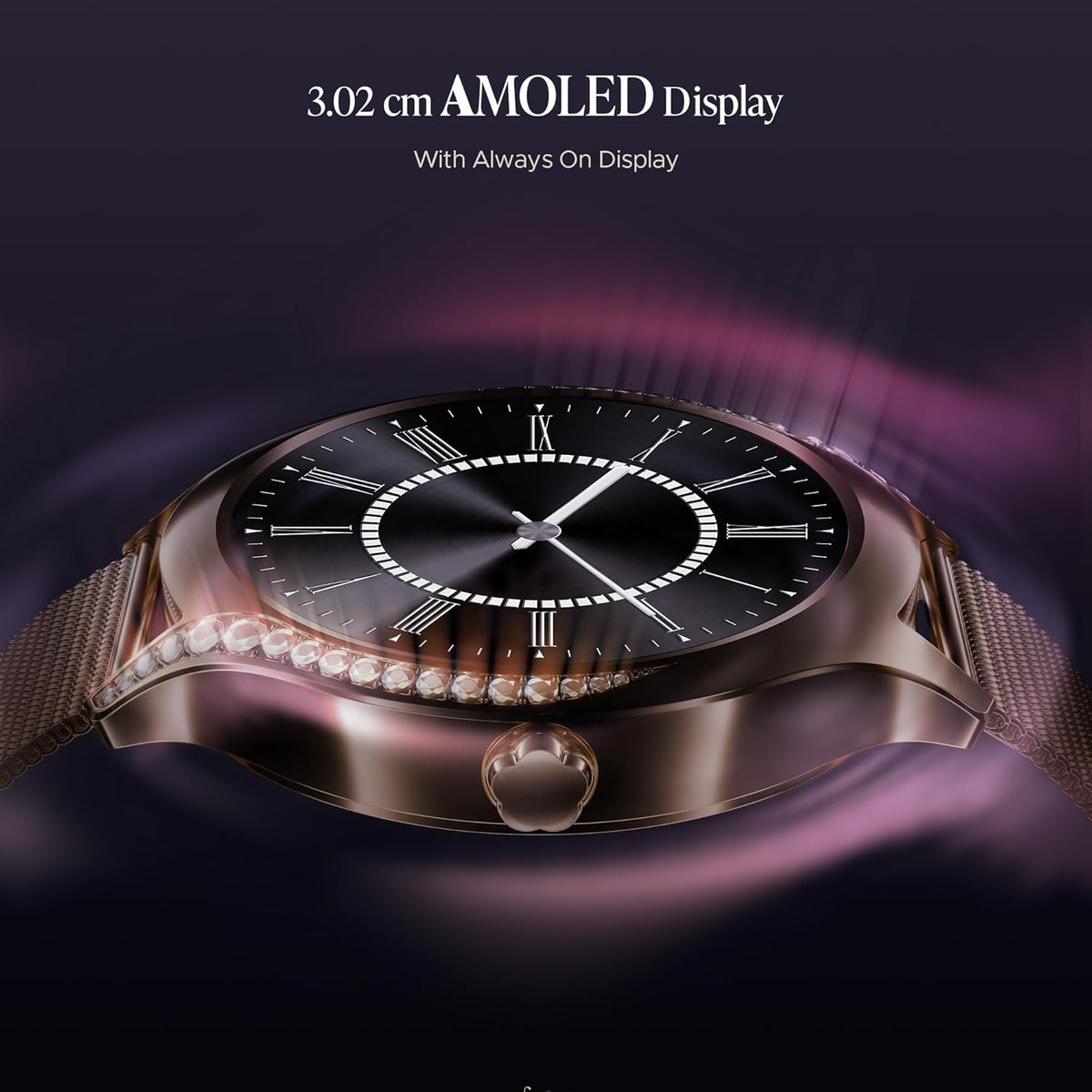 boAt Enigma Gem Women's Luxury Smart Watch w/ 1.19” (3.02cm) AMOLED Display, Emergency SOS Live Location Sharing, Female Wellness, Watch Face Studio, BT Calling, Watch for Woman (Rose Gold)
