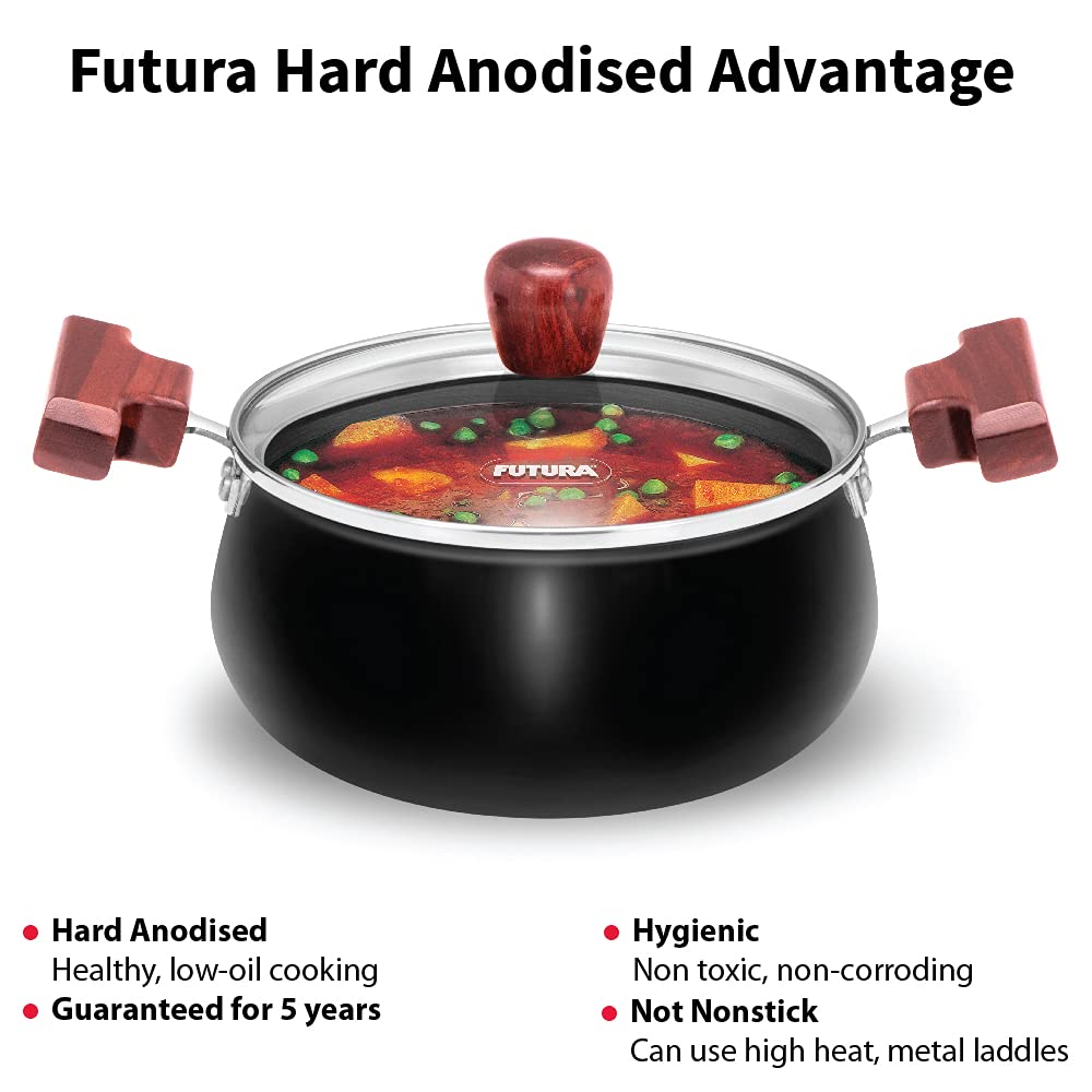 Hawkins Futura 2 Litre Cook n Serve Handi, Hard Anodised Biryani Handi with Glass Lid, Saucepan, Sauce Pan, Black (ACH20G) |Non-Stick
