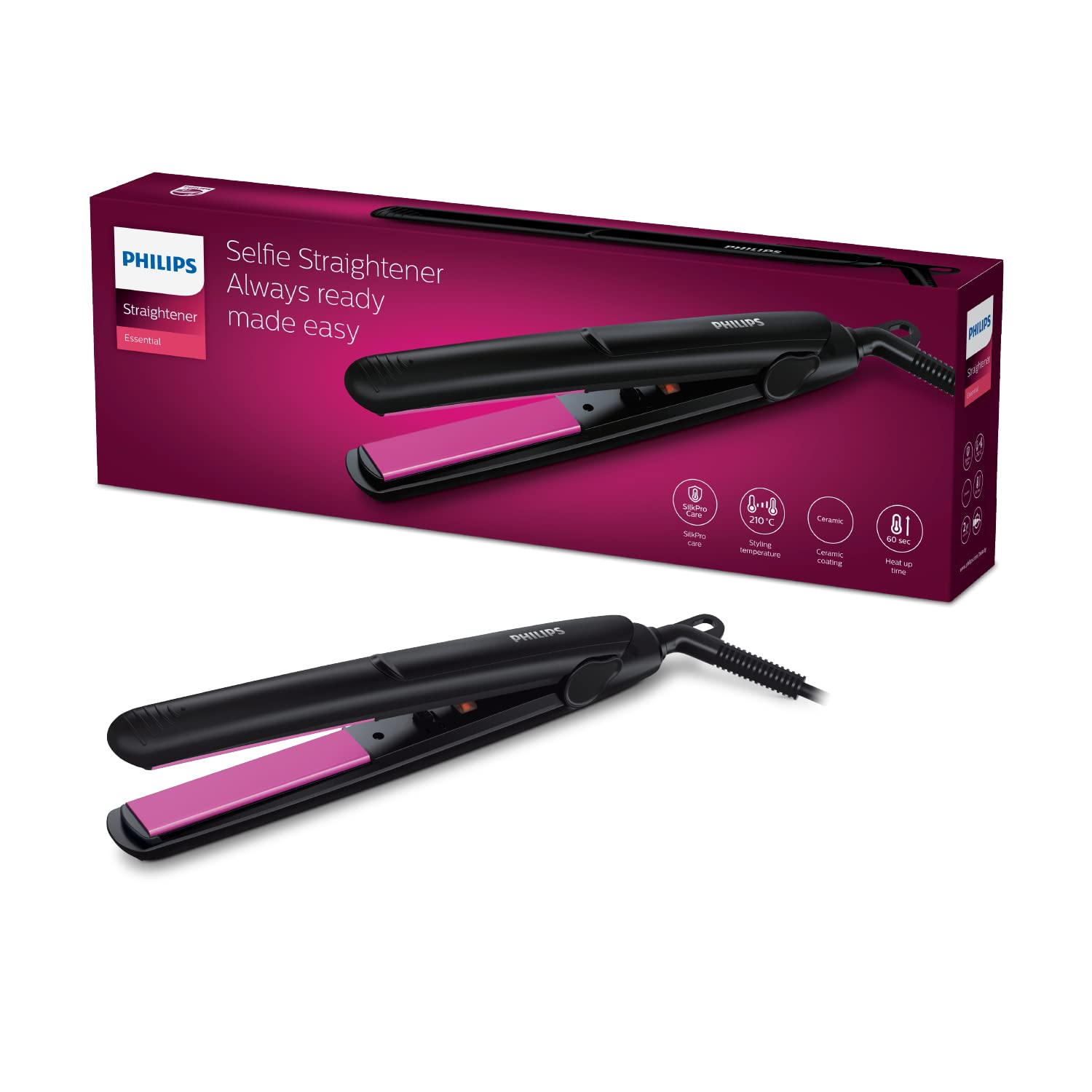 Philips Hair Dryer BHD318/00 1600 Watts Thermoprotect AirFlower Advanced Ionic Care 3 Heat & Speed Settings to Give Frizz Free Shiny Hair-Purple & HP8302 Selfie Straightener (Black)