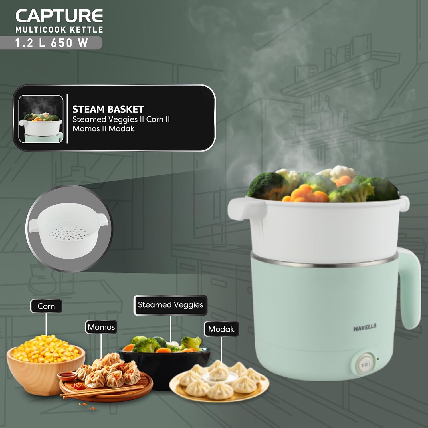 Havells Capture 1.2 L Multi-Cook Electric Kettle with Steamer | 650W |304 Stainless Steel Inner Body|Cooks Noodles, Rice, Milk