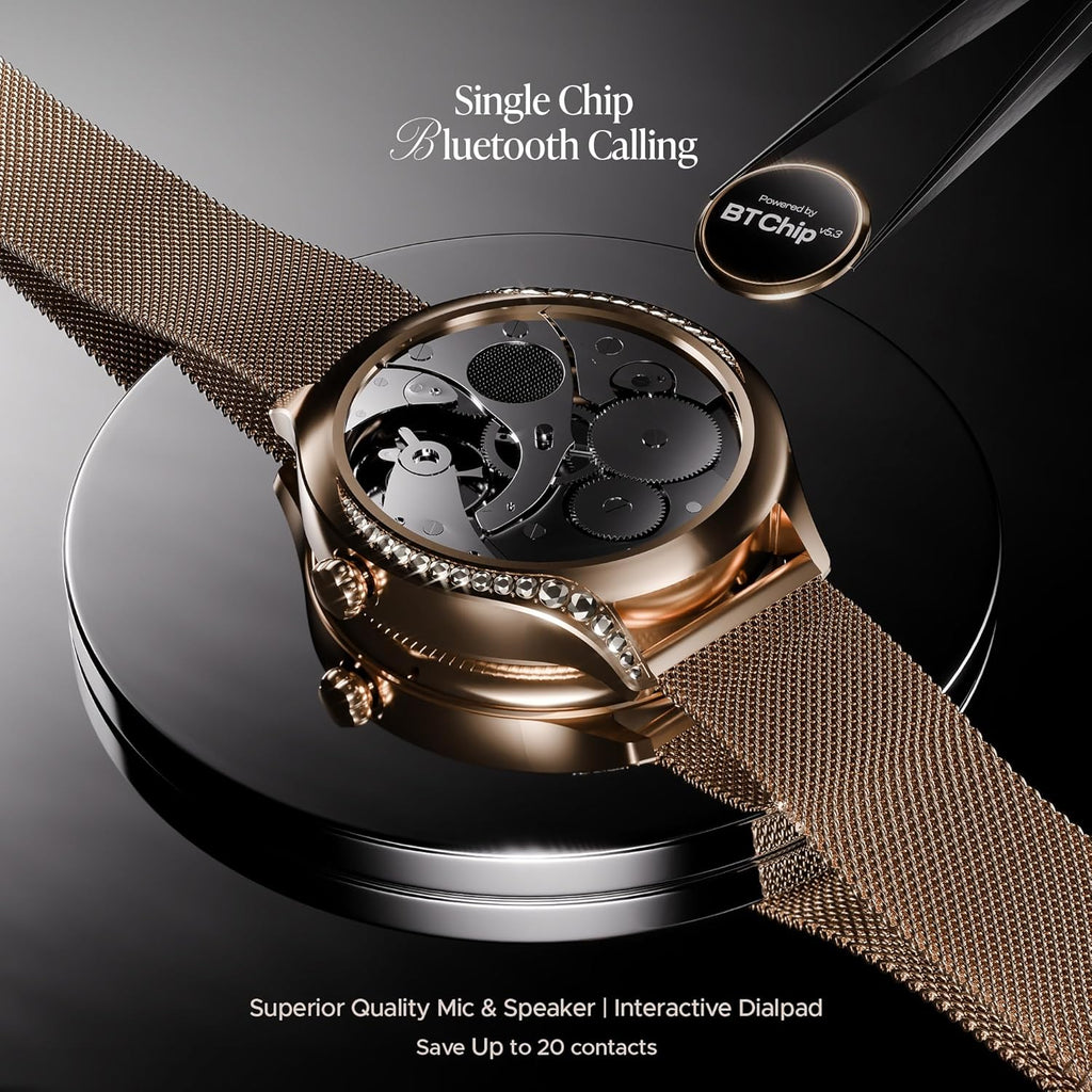 boAt Enigma Gem Women's Luxury Smart Watch w/ 1.19” (3.02cm) AMOLED Display, Emergency SOS Live Location Sharing, Female Wellness, Watch Face Studio, BT Calling, Watch for Woman (Rose Gold)