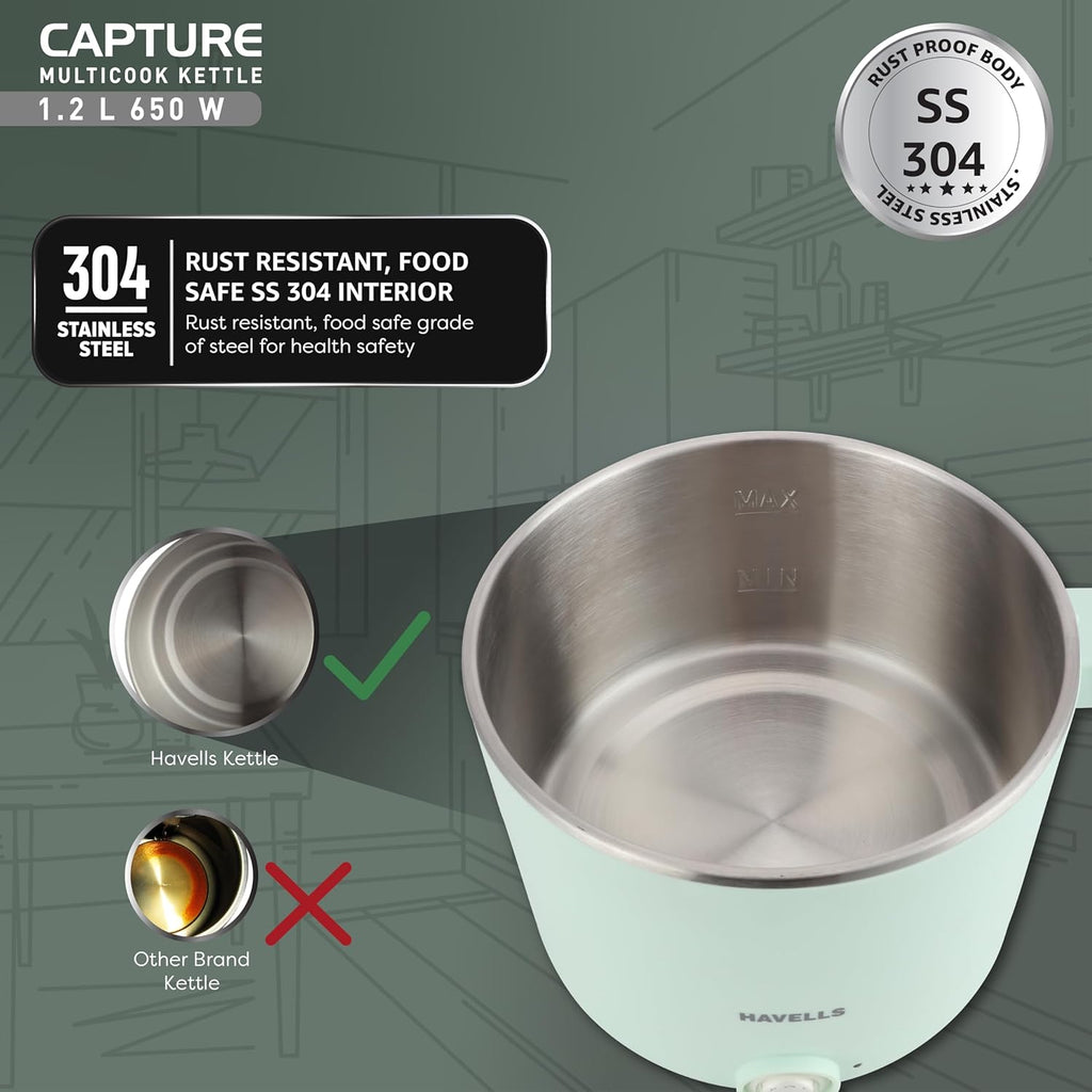 Havells Capture 1.2 L Multi-Cook Electric Kettle with Steamer | 650W |304 Stainless Steel Inner Body|Cooks Noodles, Rice, Milk