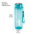 MILTON Hector 1000 Pet Water Bottles, Set of 3, 1 Litre Each, Blue, Reusable Plastic Fridge Bottle, BPA Free and Leak Proof Bottles for Travel, Work