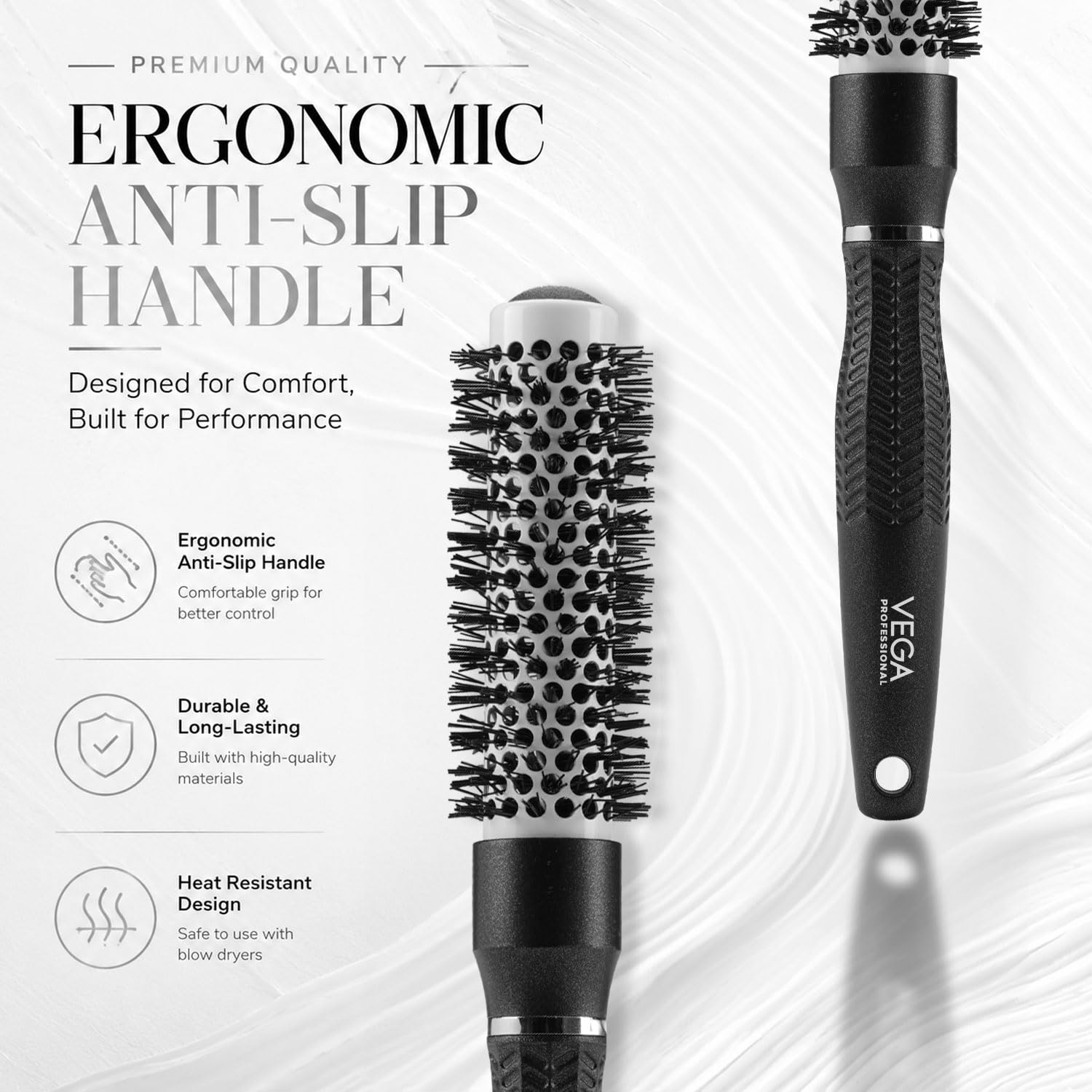 VEGA PROFESSIONAL Ceramix Shine Blow Dry Round Hair Brush 25mm | Hair Styling & Blow Dry Brush for Men & Women | Smooth Ceramic Bristles for Salon & Home Use | Anti-Static Hair Brush (VPPHB-01)