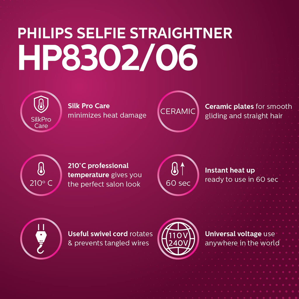 Philips Hair Dryer BHD318/00 1600 Watts Thermoprotect AirFlower Advanced Ionic Care 3 Heat & Speed Settings to Give Frizz Free Shiny Hair-Purple & HP8302 Selfie Straightener (Black)