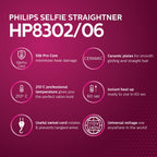 Philips Hair Dryer BHD318/00 1600 Watts Thermoprotect AirFlower Advanced Ionic Care 3 Heat & Speed Settings to Give Frizz Free Shiny Hair-Purple & HP8302 Selfie Straightener (Black)