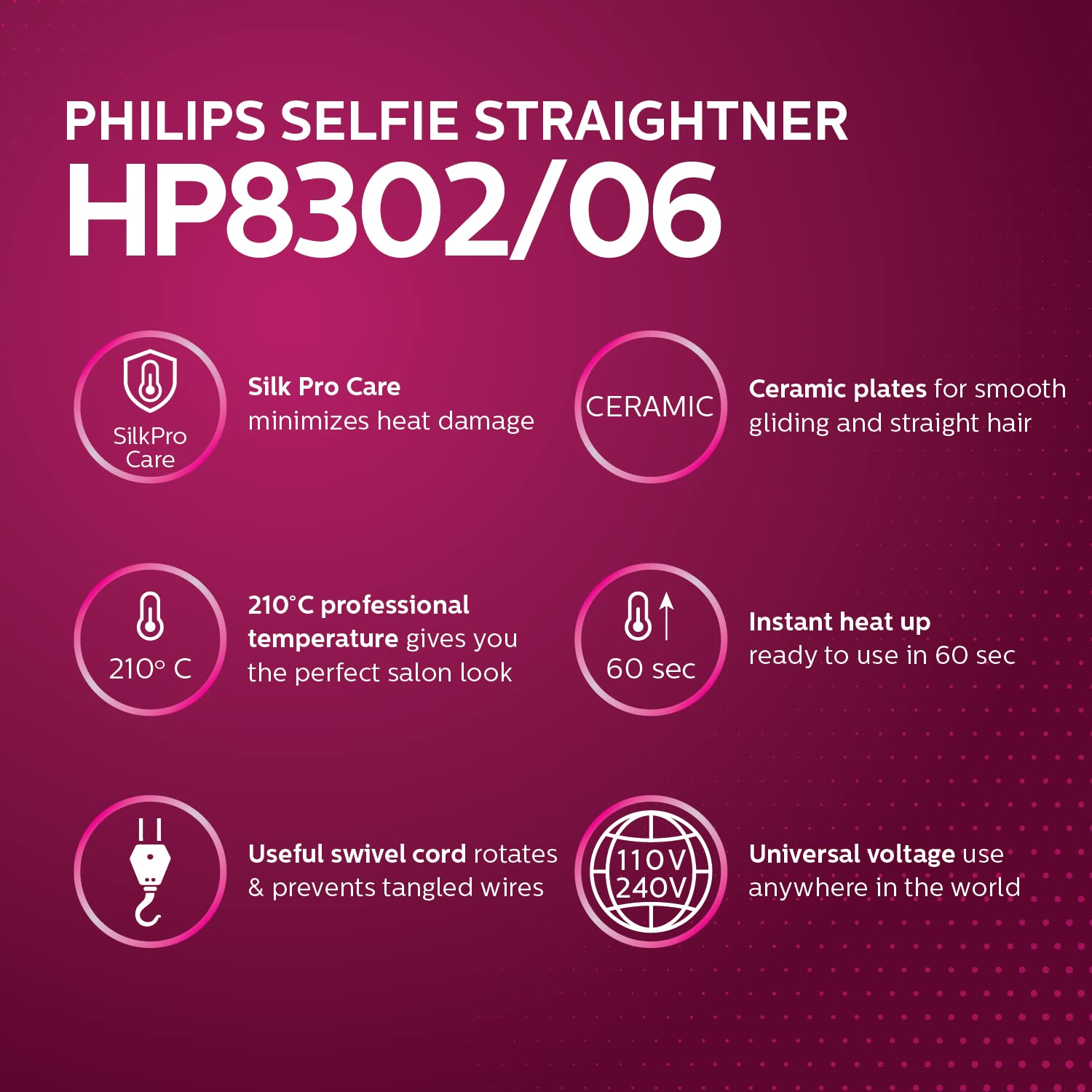 Philips Hair Dryer BHD318/00 1600 Watts Thermoprotect AirFlower Advanced Ionic Care 3 Heat & Speed Settings to Give Frizz Free Shiny Hair-Purple & HP8302 Selfie Straightener (Black)