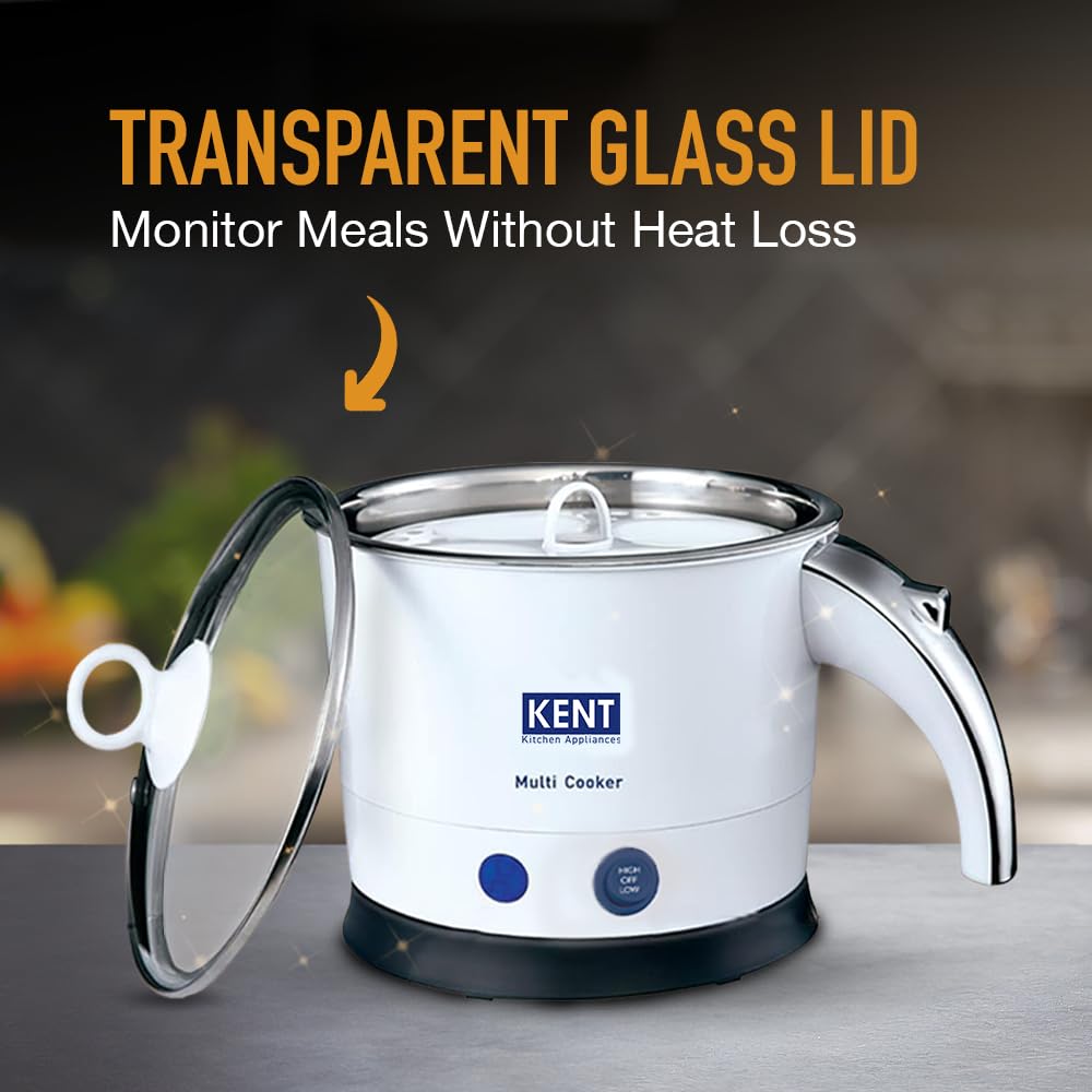 KENT Electric Multicooker Cum Steamer/Kettle 1.2L 800W| Boiling of Water, Tea,Eggs, Instant Noodle Maker, Steaming idlis, Momos |Inner Stainless Steel without joint and welding & Cool Touch Outer Body