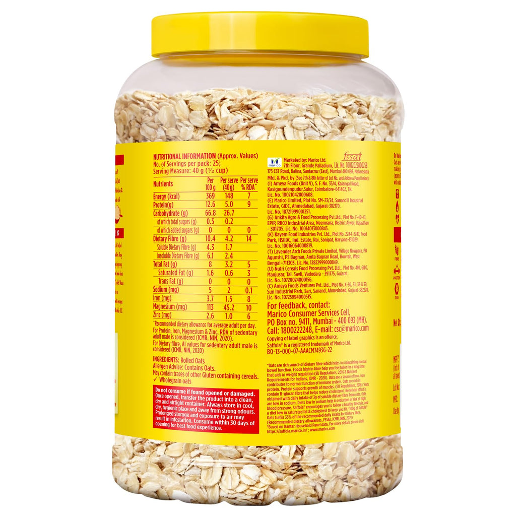 Saffola Rolled Oats Jar 1kg – 13g High Protein, 10g High Fibre | Jumbo Oats | Soft and Creamy | Helps manage weight