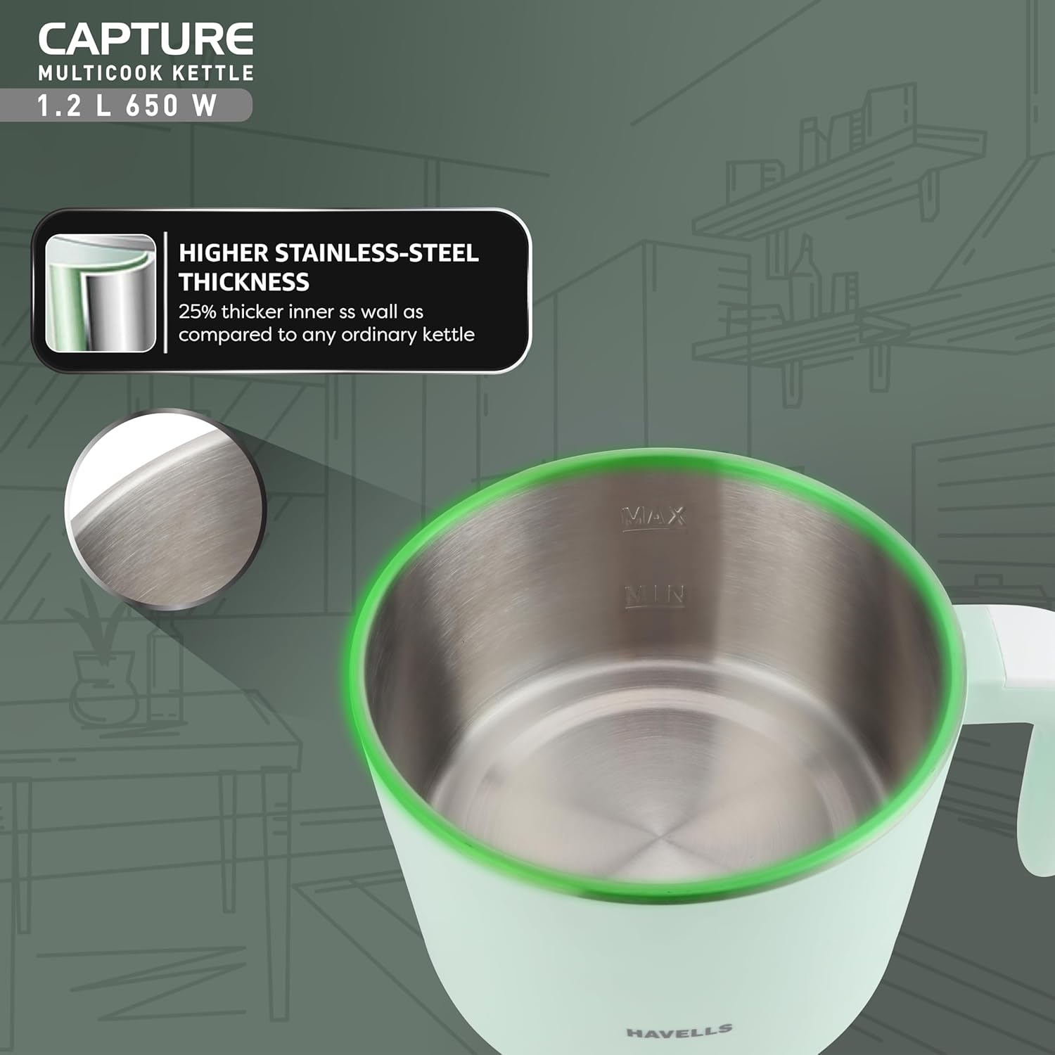 Havells Capture 1.2 L Multi-Cook Electric Kettle with Steamer | 650W |304 Stainless Steel Inner Body|Cooks Noodles, Rice, Milk