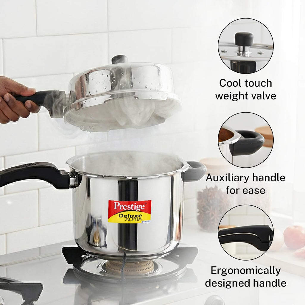 Prestige 8 Litre Stainless Steel Deluxe Alpha Svachh Outerlid Pressure Cooker |Deep lid for spillage control|10 years warranty|Gas & Induction compatible|Gasket release system|ISI Certified