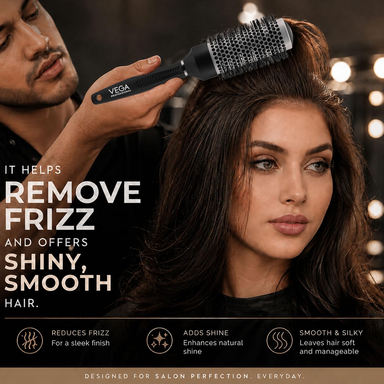 VEGA PROFESSIONAL Ceramix Shine Blow Dry Round Hair Brush 25mm | Hair Styling & Blow Dry Brush for Men & Women | Smooth Ceramic Bristles for Salon & Home Use | Anti-Static Hair Brush (VPPHB-01)