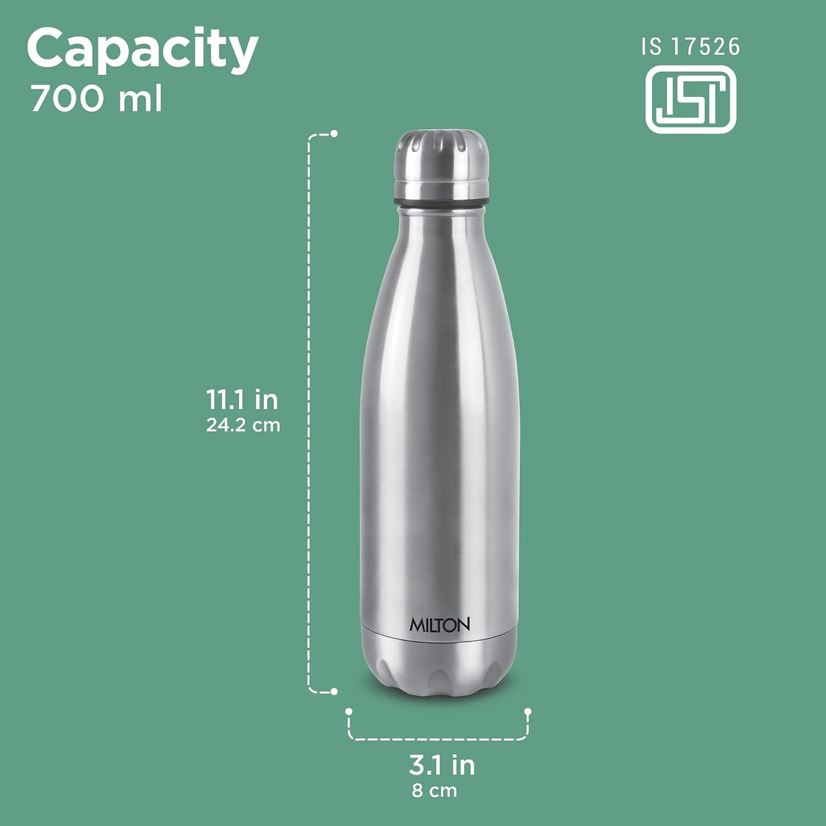 Milton Duo DLX 750 Thermosteel 700 ml Water Bottle, 24 Hr Hot and Cold I Leak Proof Lid, ISI Certified I Vacuum Insulated I for Office, Gym, School I Silver