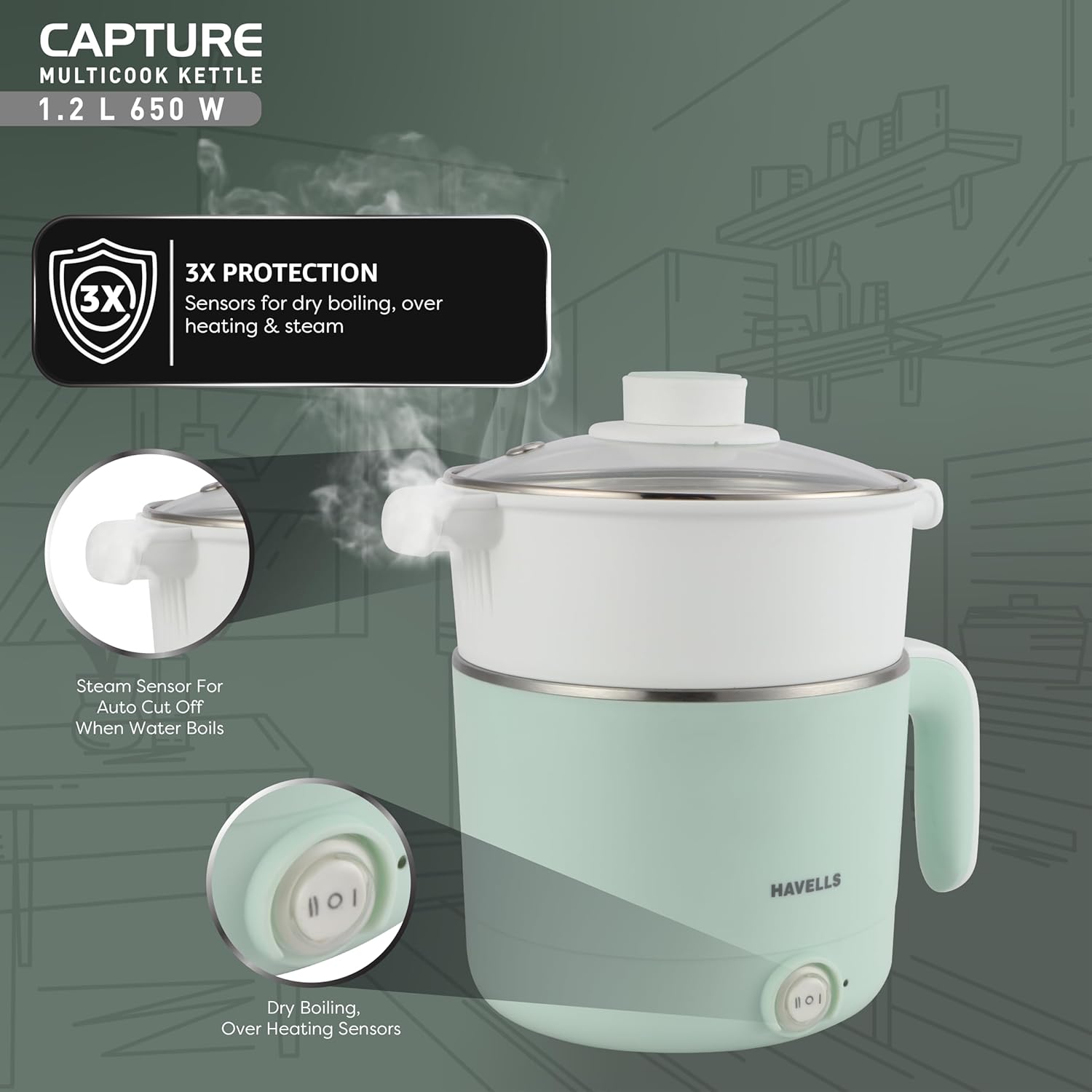Havells Capture 1.2 L Multi-Cook Electric Kettle with Steamer | 650W |304 Stainless Steel Inner Body|Cooks Noodles, Rice, Milk